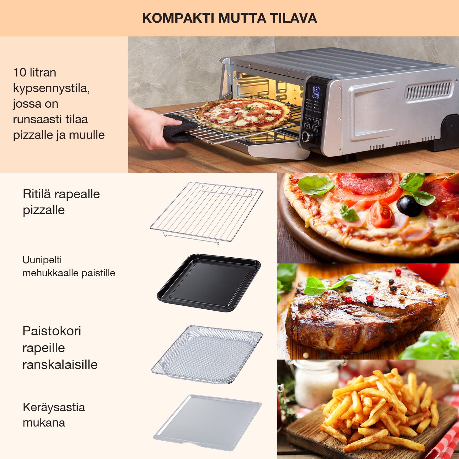 Vita-Crisp kuumailmakeitin 1700 W 10 l 8 toimintoa tilaa säästävästi Hopea Metallinen