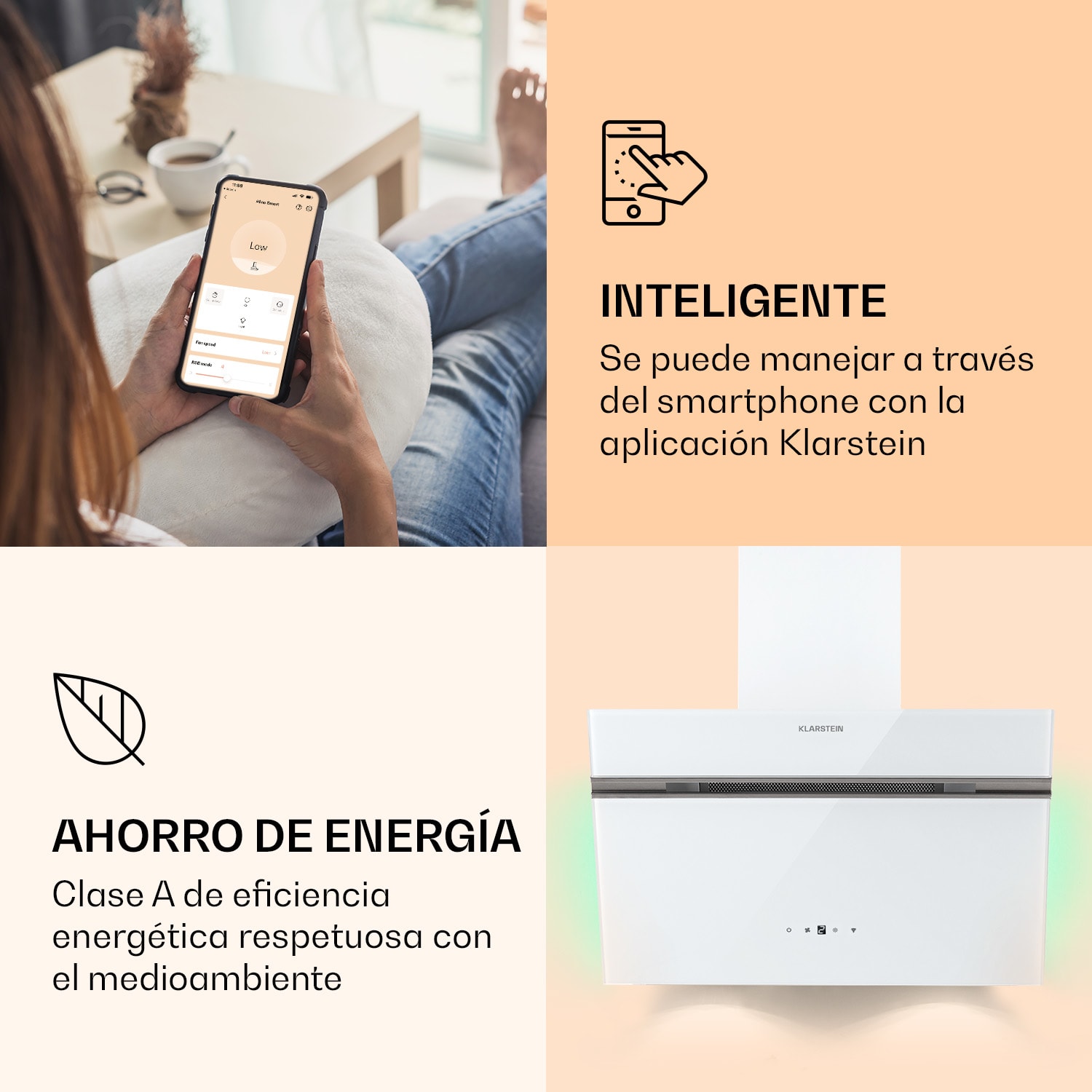 Alina 60 Smart Campana extractora 60 cm 600 m³/h luz LED ambiental frontal de vidrio 