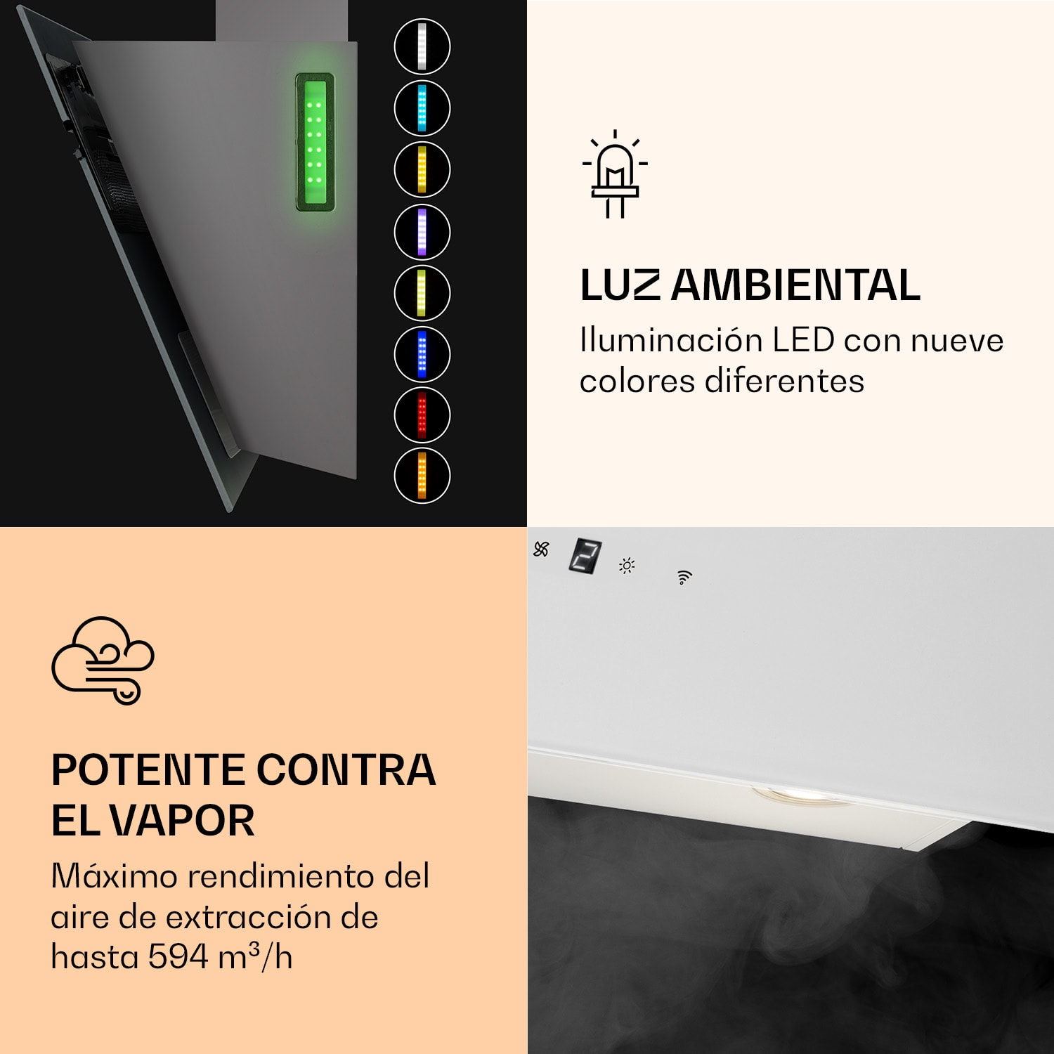Alina 60 Smart Campana extractora 60 cm 600 m³/h luz LED ambiental frontal de vidrio 