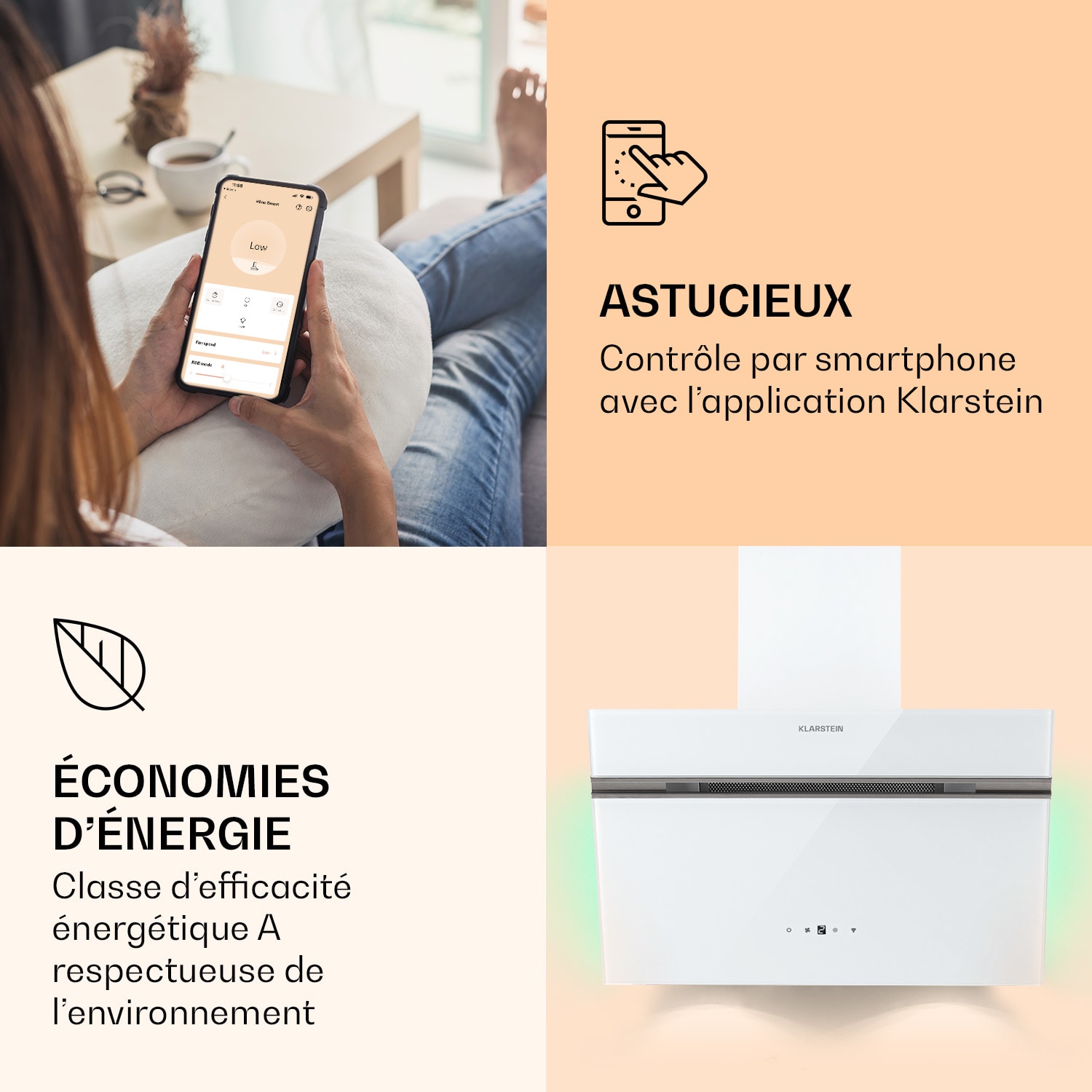 Hotte d'aspiration Alina 60 Smart 60 cm 600 m³/h LED Lumière d'ambiance Façade en verre 