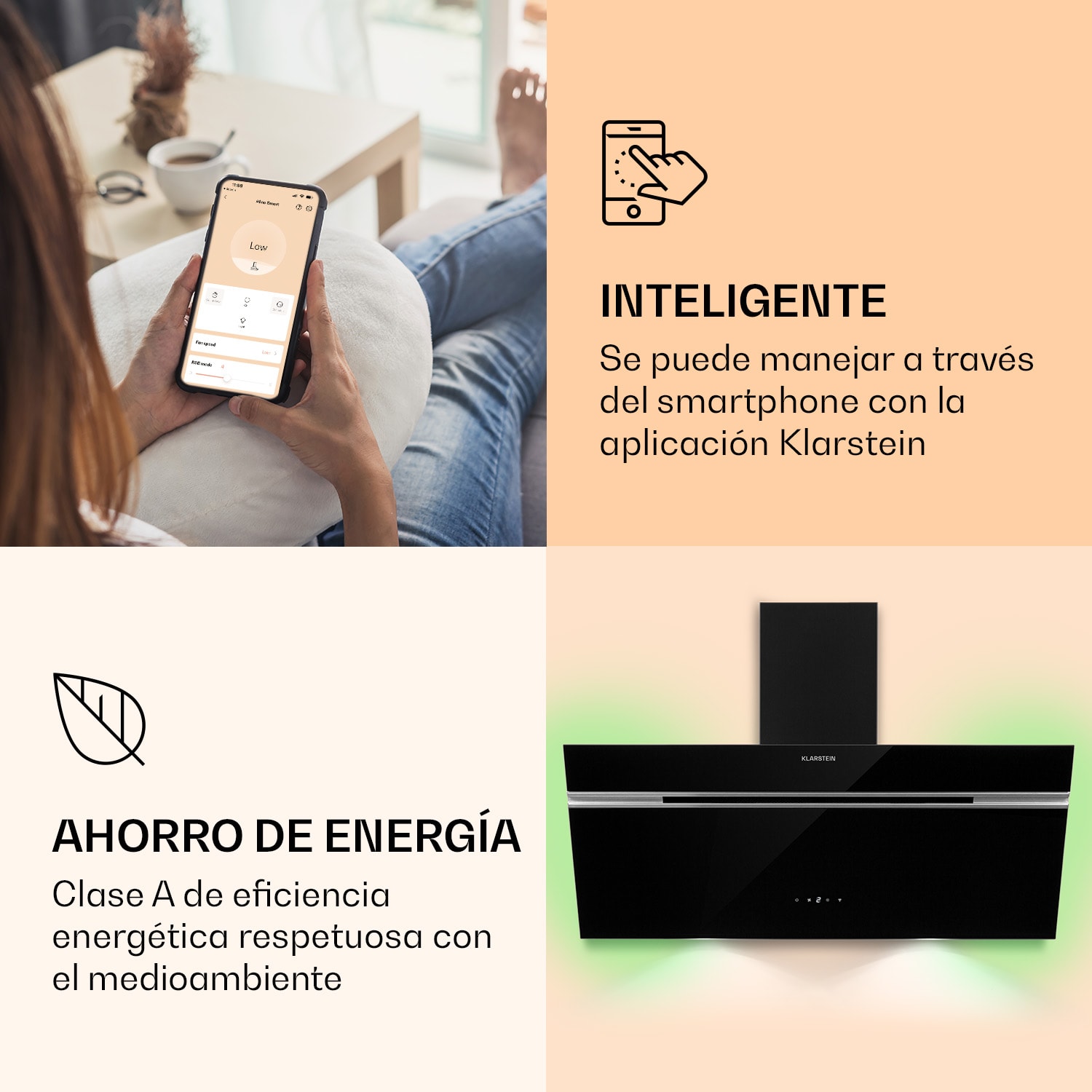 Alina 90 Smart Campana extractora 90 cm 600 m³/h luz LED ambiental frontal de vidrio 