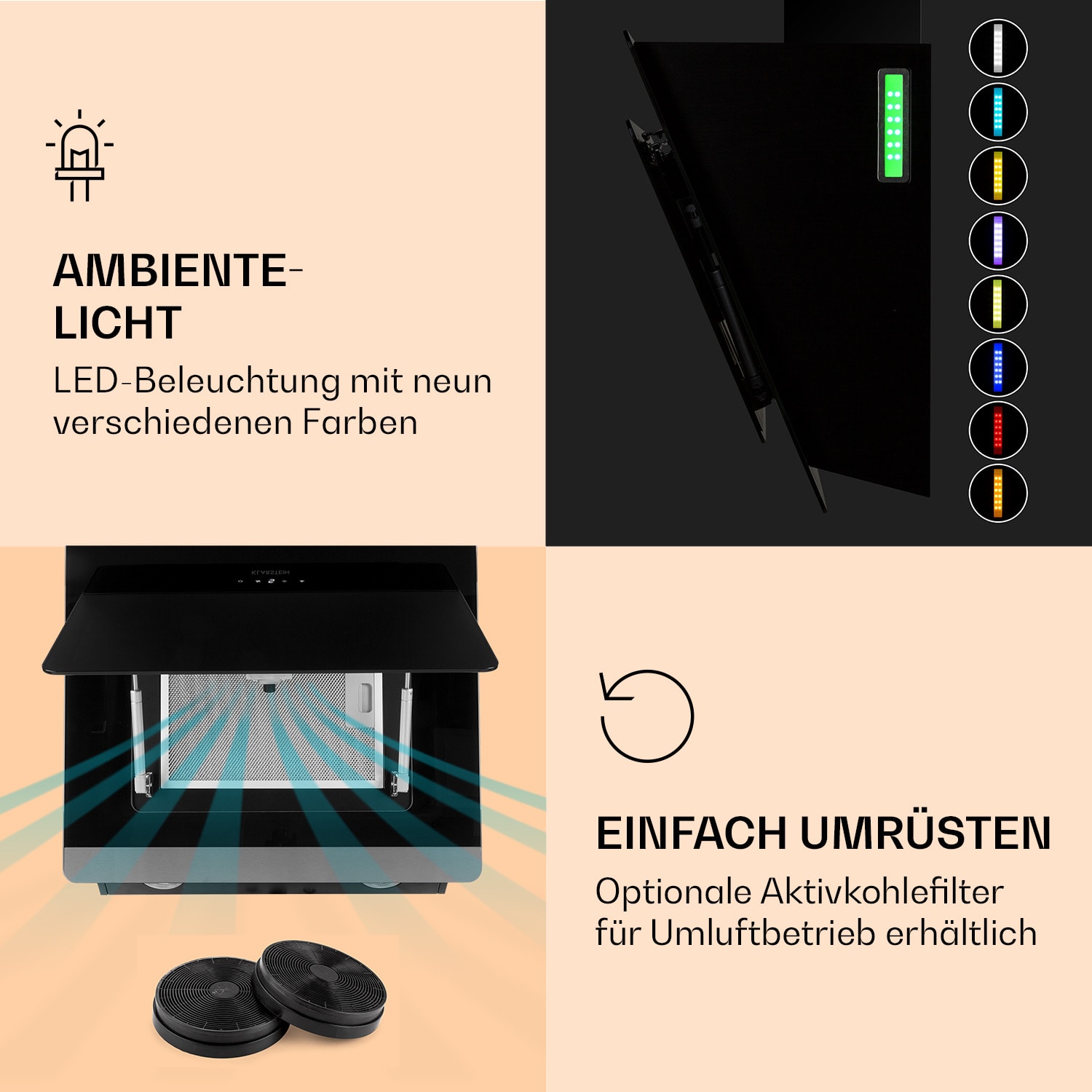 Aurora 60 Smart Dunstabzugshaube 550 m³/h 60cm kopffrei Ambiente-Licht   EEC A++ 60 cm | Ja | Schwarz