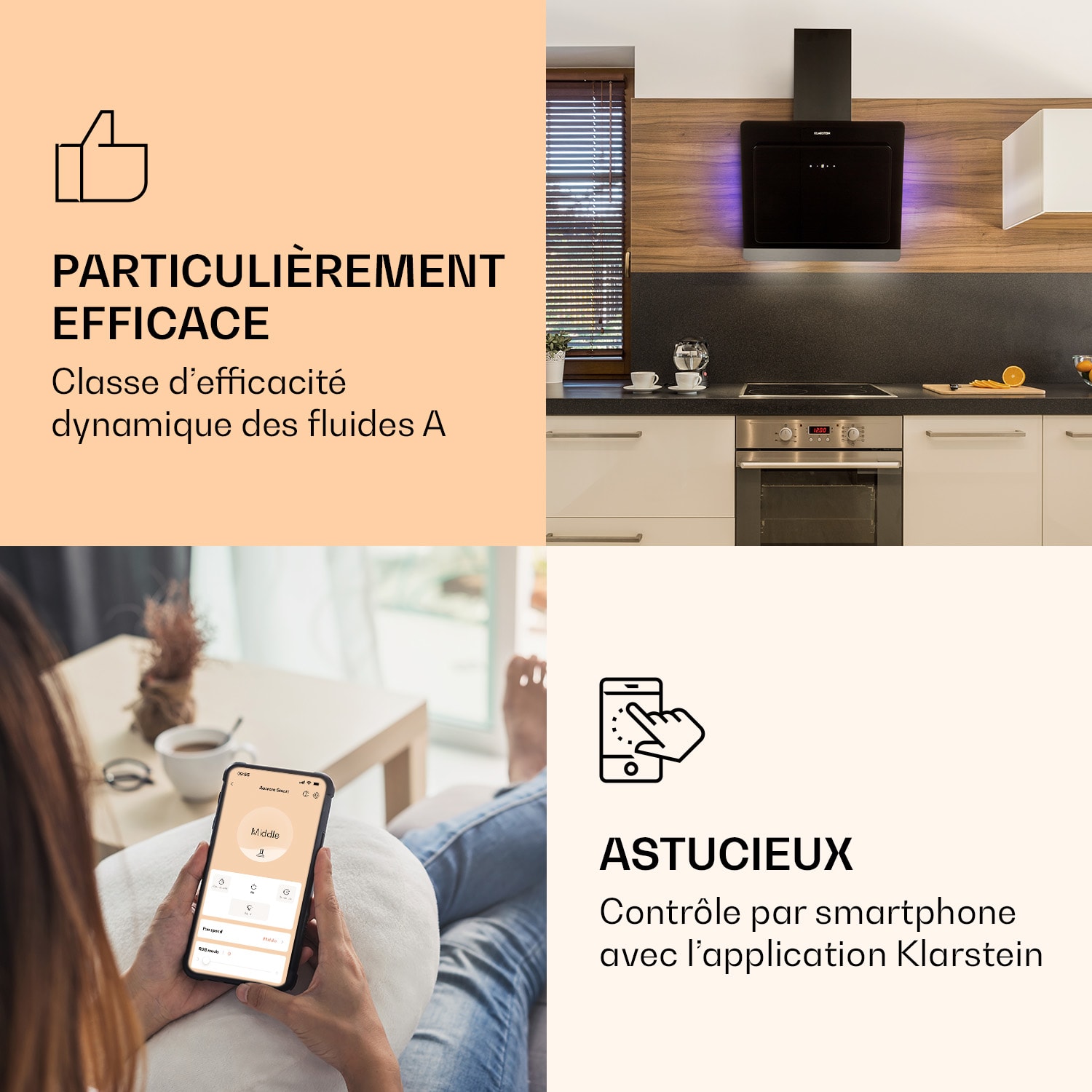 Aurora 60 Smart Hotte aspirante 550 m³/h 60 cm sans tête Lumière d'ambiance EEC A++ 60 cm | Oui | Noir