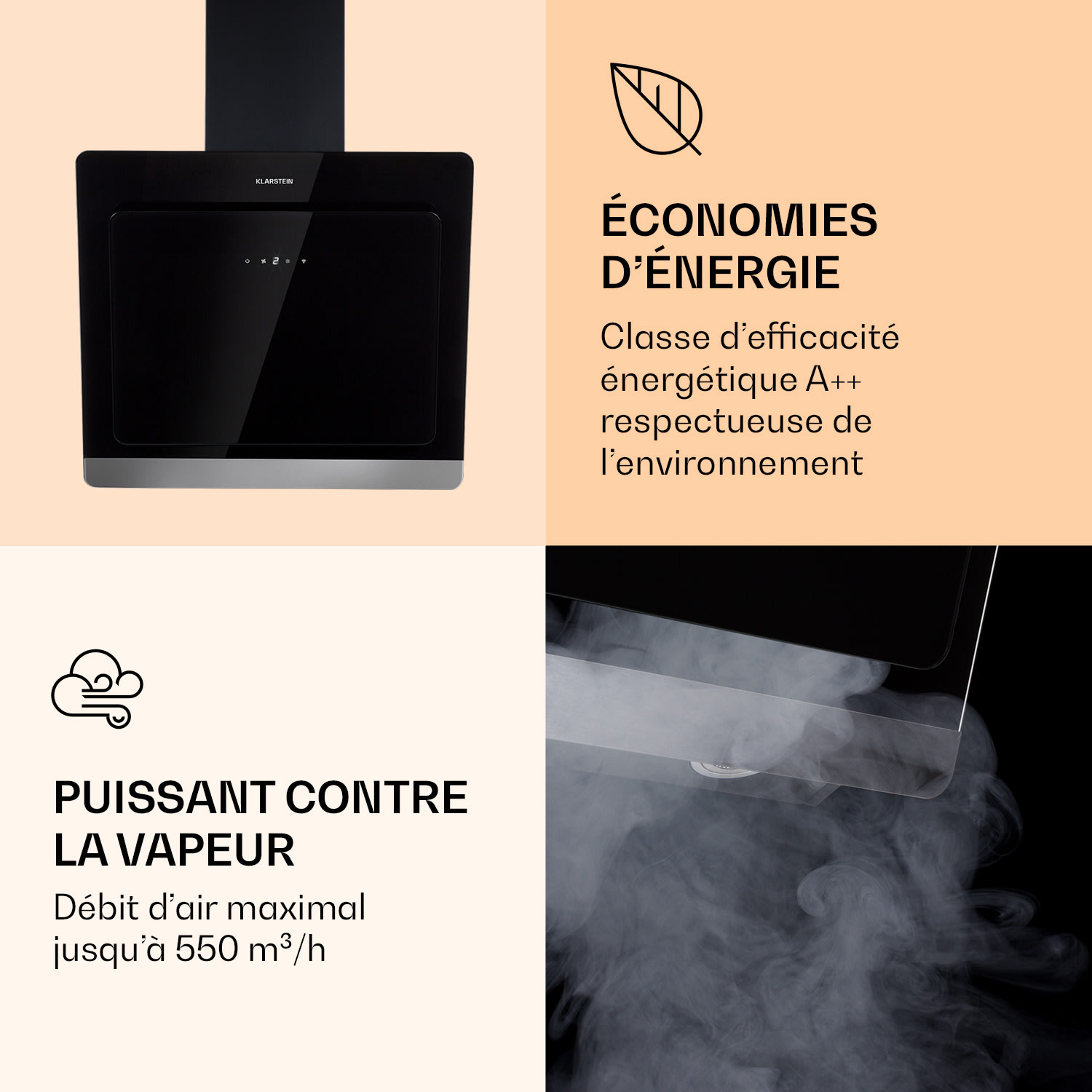Aurora 60 Smart Hotte aspirante 550 m³/h 60 cm sans tête Lumière d'ambiance EEC A++ 60 cm | Oui | Noir
