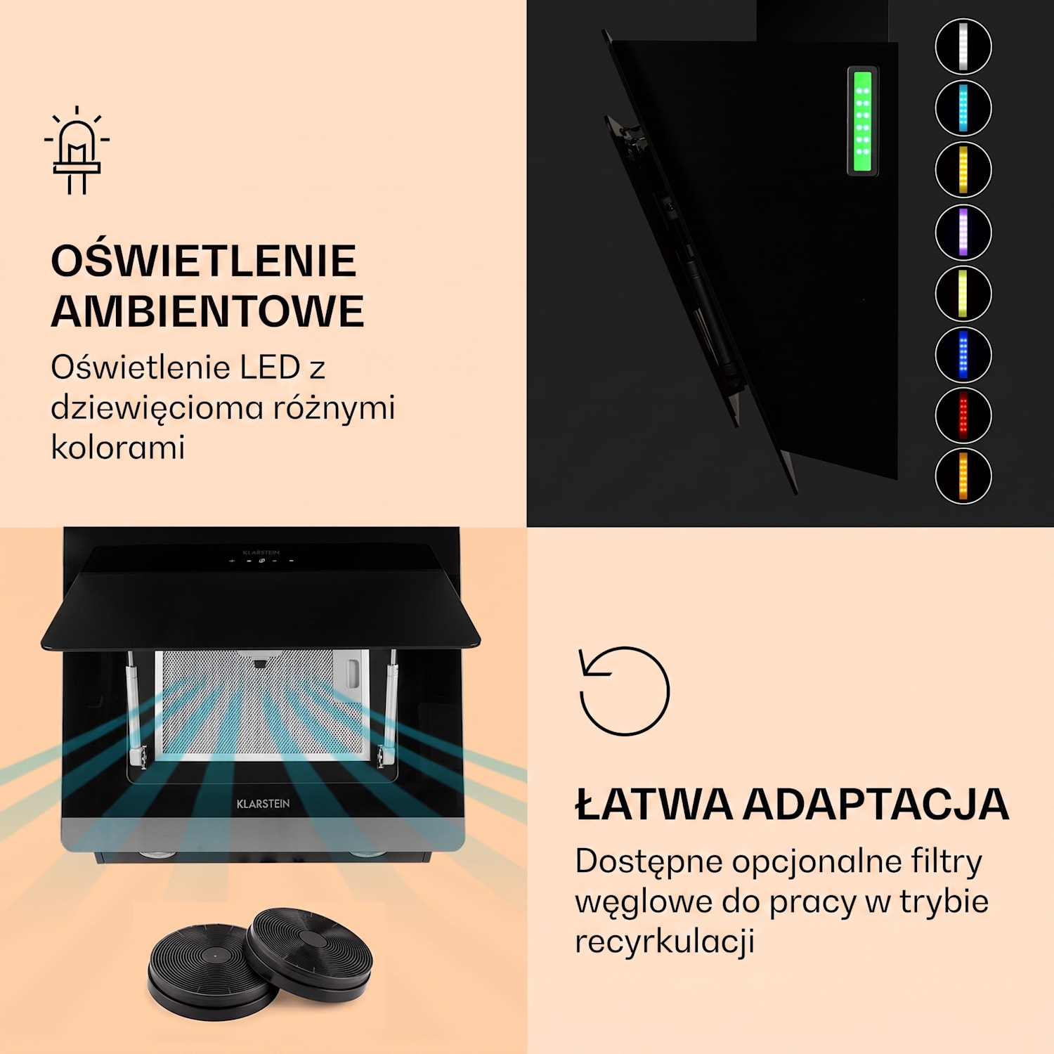 Aurora 60, okap kuchenny przyścienny, 60 cm, 550 m³/h, skośny, oświetlenie ambientowe, klasa energetyczna A++ 60 cm | Tak | Czarny