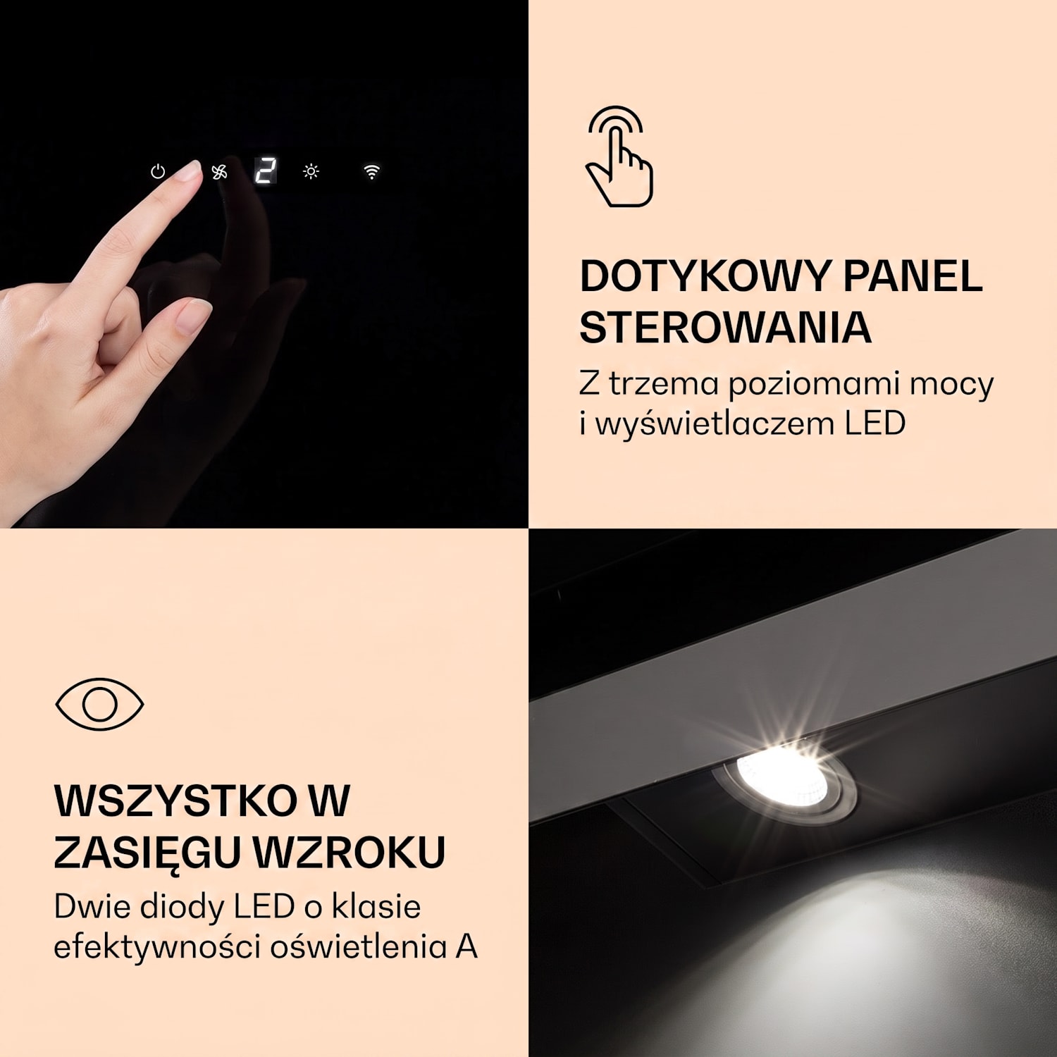Aurora 60, okap kuchenny przyścienny, 60 cm, 550 m³/h, skośny, oświetlenie ambientowe, klasa energetyczna A++ 60 cm | Tak | Czarny