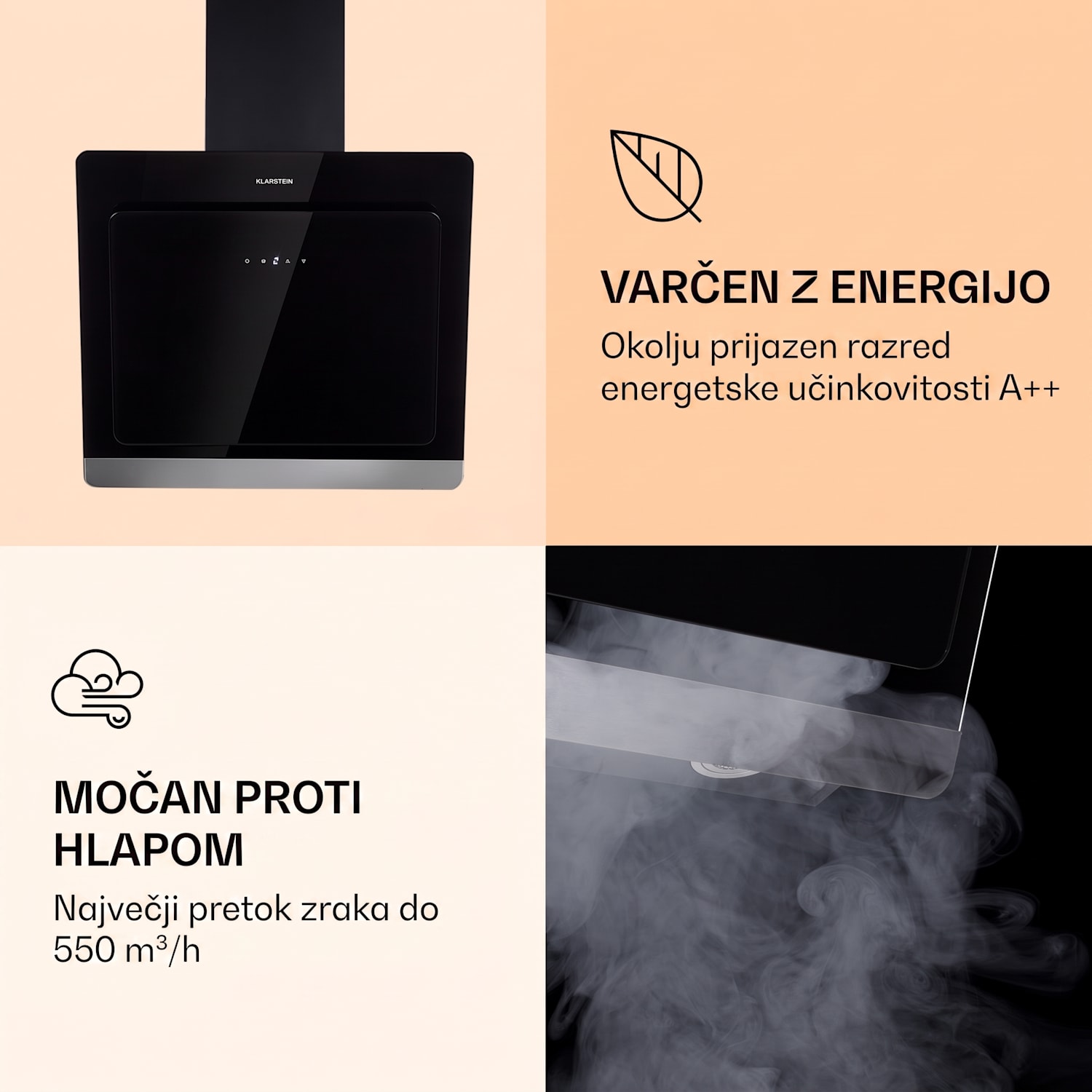 Aurora 60 Smart, kuhinjska napa, 585 m³/h, 90 cm, dimniška napa, osvetlitev, razred energijske učinkovitosti A++ 60 cm | Da | Črna