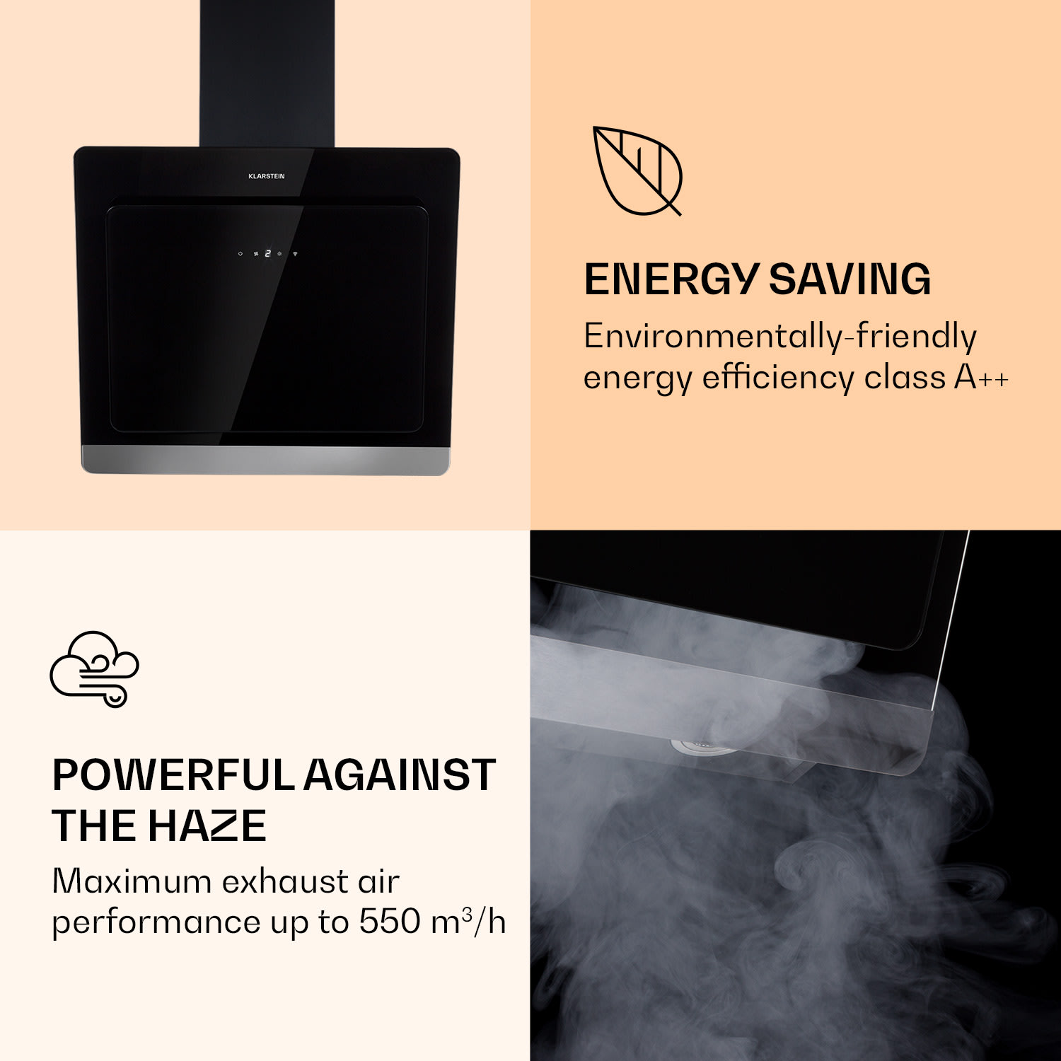 Aurora 60 Smart, kuhinjska napa, 550 m³/h, 90 cm, dimniška napa, osvetlitev, razred energijske učinkovitosti A++ 60 cm | Črna