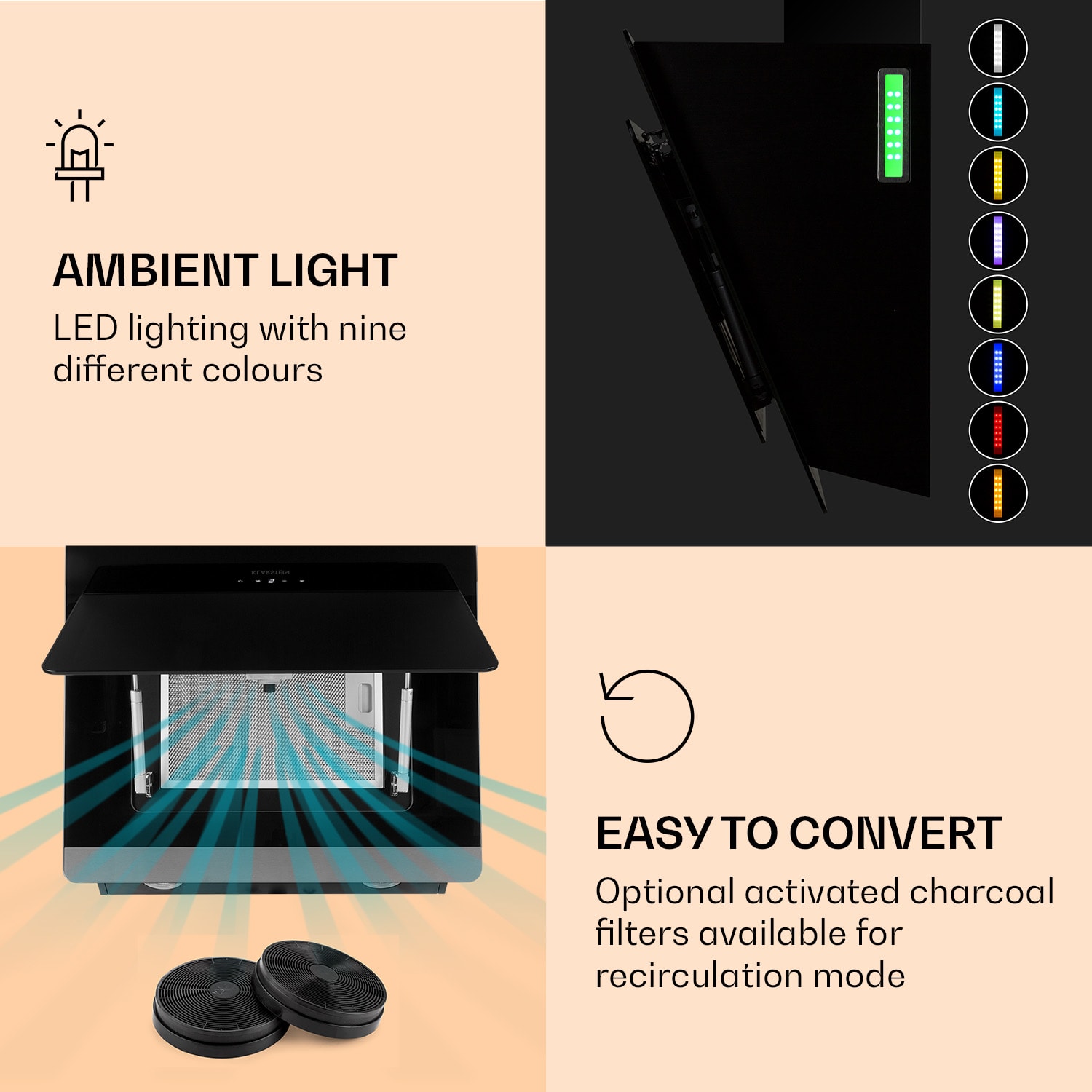 Aurora 60 Smart, kuhinjska napa, 550 m³/h, 90 cm, dimniška napa, osvetlitev, razred energijske učinkovitosti A++ 60 cm | Črna