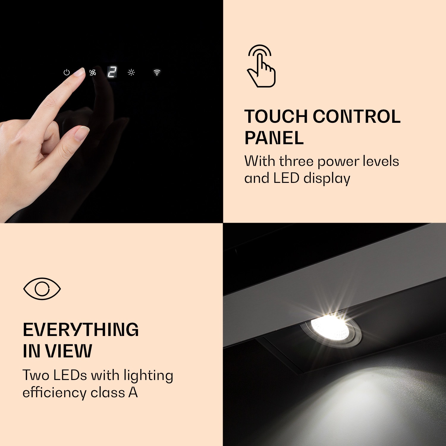 Aurora 60 Smart, kuhinjska napa, 550 m³/h, 90 cm, dimniška napa, osvetlitev, razred energijske učinkovitosti A++ 60 cm | Črna