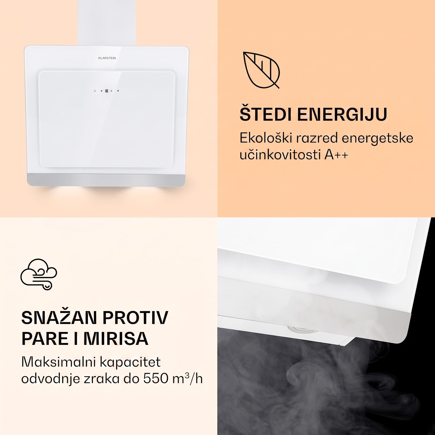 Aurora 60 Smart, napa, 585 m³ / h, 90 cm, napa za dimnjak, pozadinsko osvjetljenje, klasa energetske učinkovitosti A ++ 60 cm | Da | Bijela