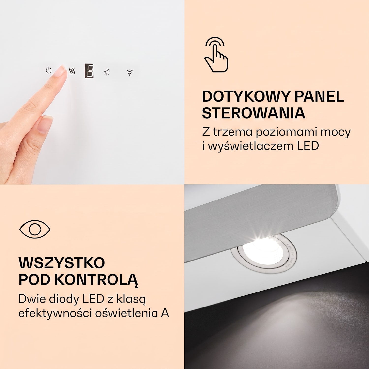 Aurora 60, okap kuchenny przyścienny, 60 cm, 550 m³/h, skośny, oświetlenie ambientowe, klasa energetyczna A++ 60 cm | Tak | Biały