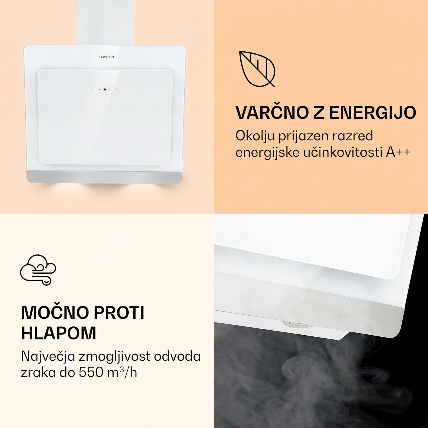 Aurora 60 Smart, kuhinjska napa, 585 m³/h, 90 cm, dimniška napa, osvetlitev, razred energijske učinkovitosti A++ 60 cm | Da | Bela