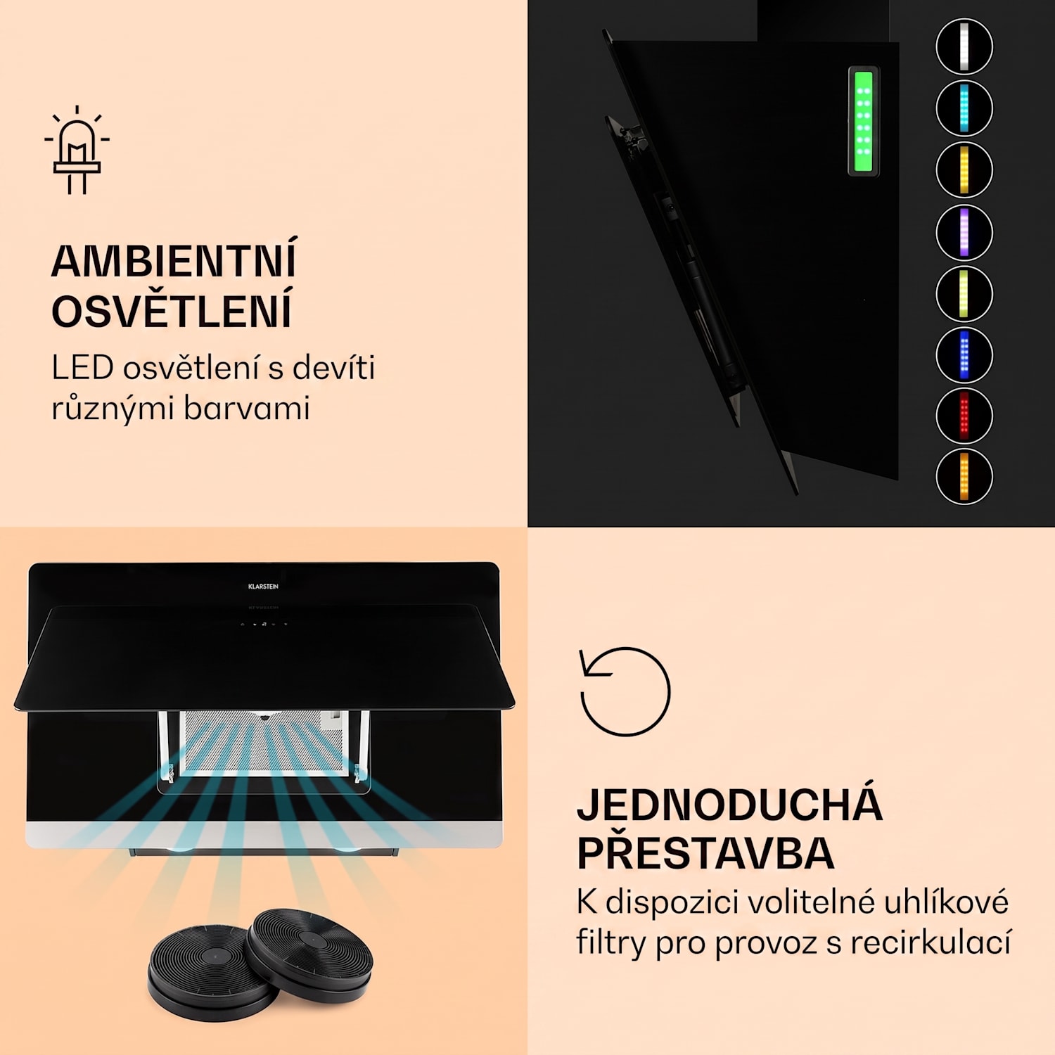 Aurora 90 Smart, digestoř, 90 cm, komínová, 585 m³/h, LED podsvícení, A++, bílá 90 cm | Ano | Černá