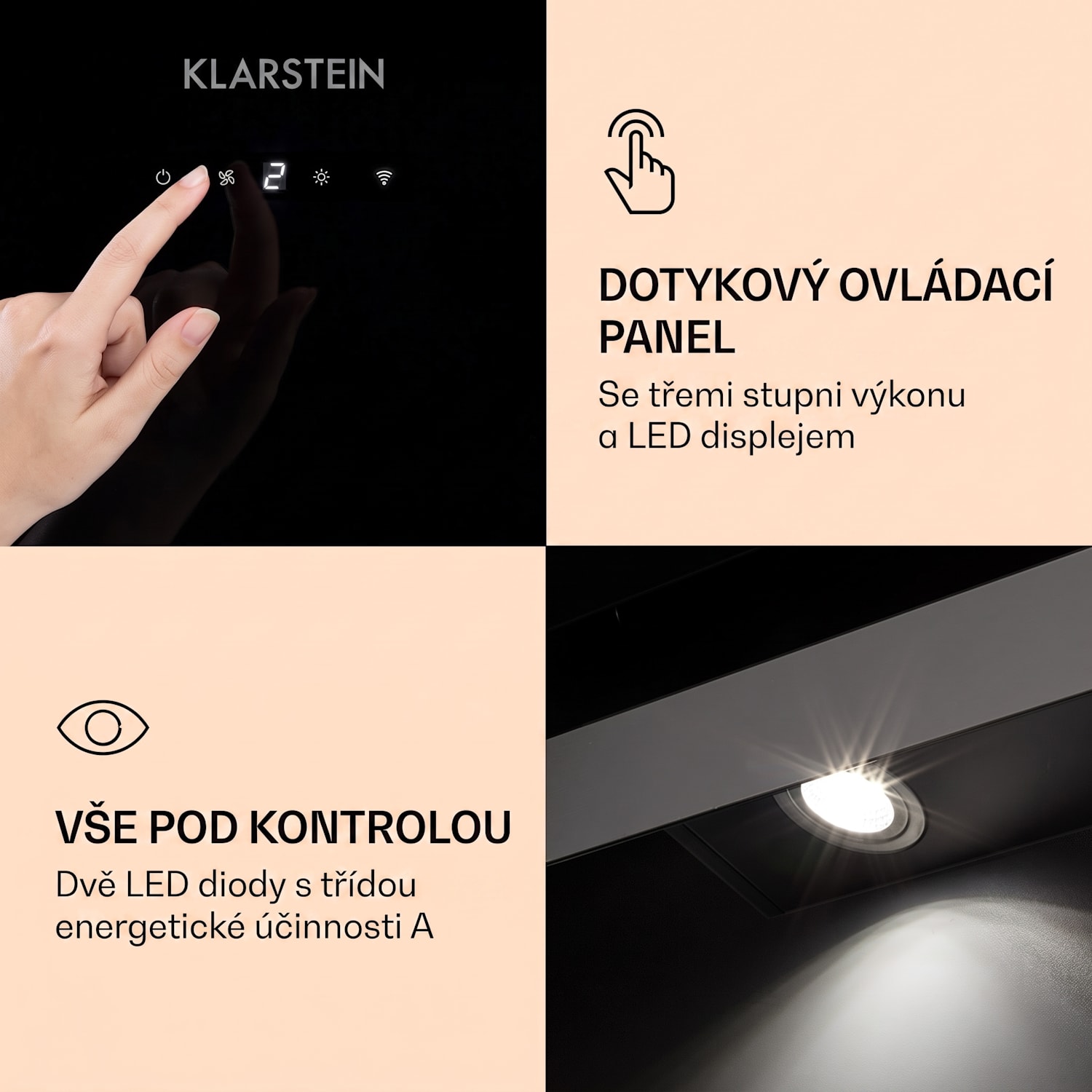 Aurora 90 Smart, digestoř, 90 cm, komínová, 585 m³/h, LED podsvícení, A++, bílá 90 cm | Ano | Černá