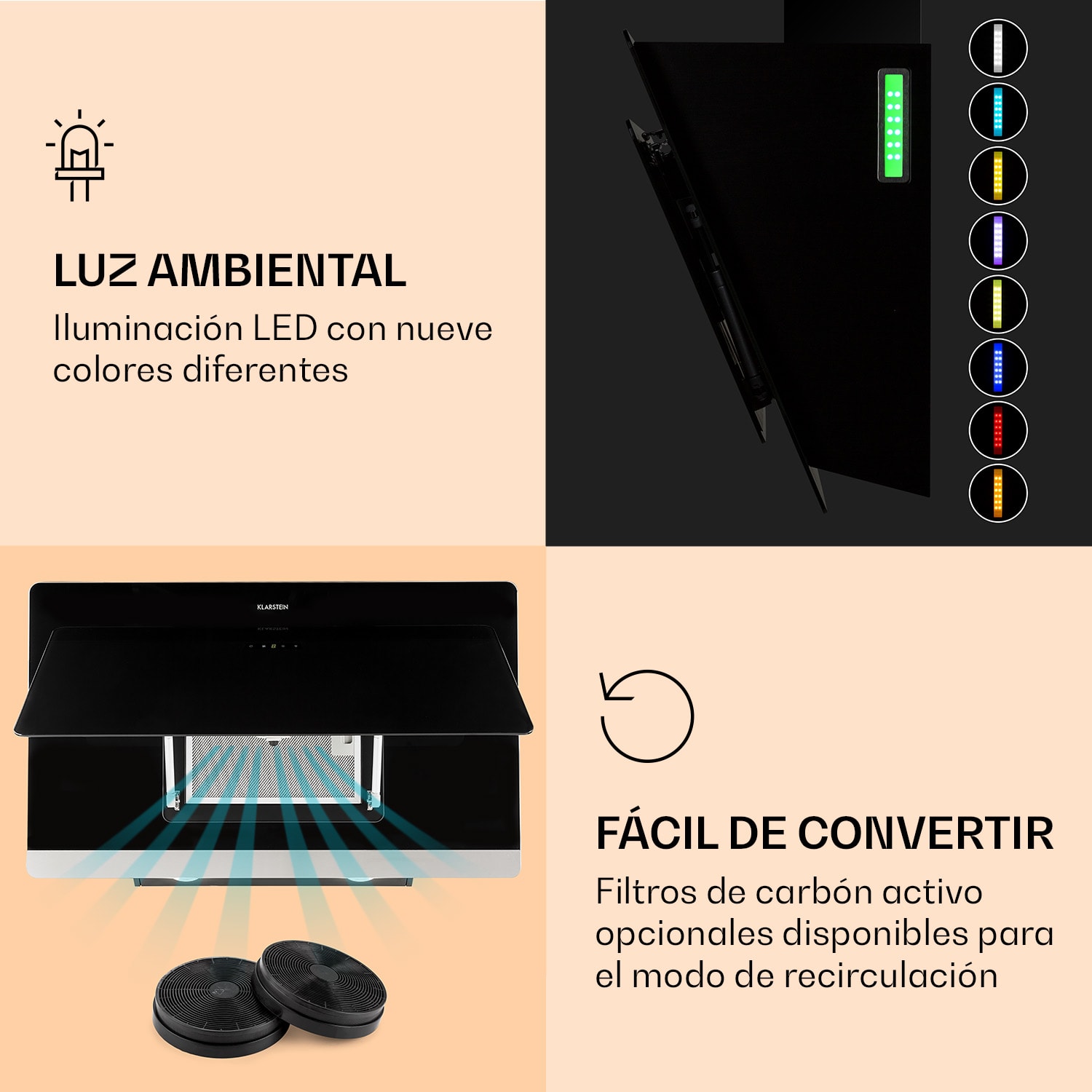 Campana extractora Aurora 90 Smart 550 m³/h 90cm sin cabeza Luz ambiental CEE A+ 90 cm | Negro