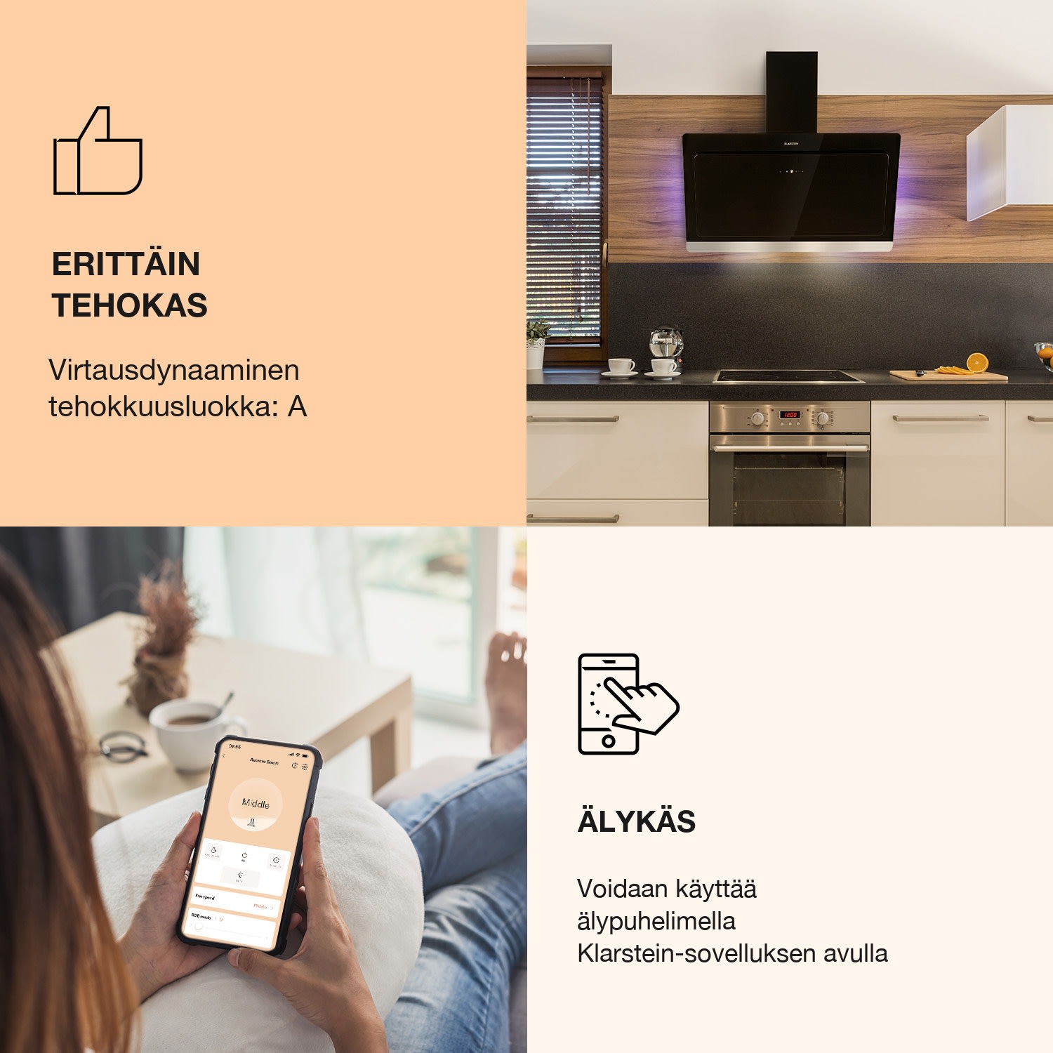 Aurora 90 Smart -liesituuletin 585 m³/h 90 cm kuvuton tunnelmavalaistus energiatehokkuusluokka A++ 90 cm | Kyllä | Musta