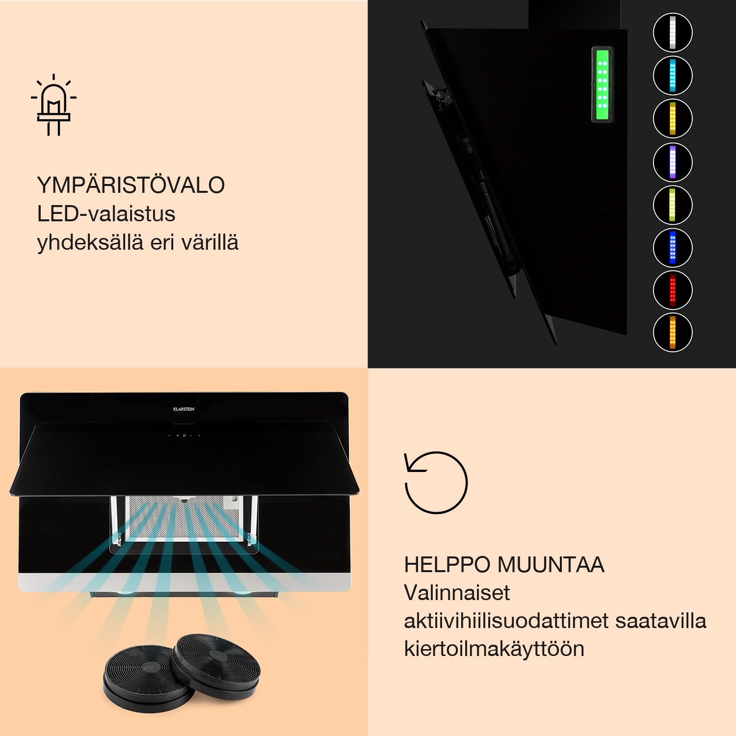 Aurora 90 Smart -liesituuletin 585 m³/h 90 cm kuvuton tunnelmavalaistus energiatehokkuusluokka A++ 90 cm | Kyllä | Musta