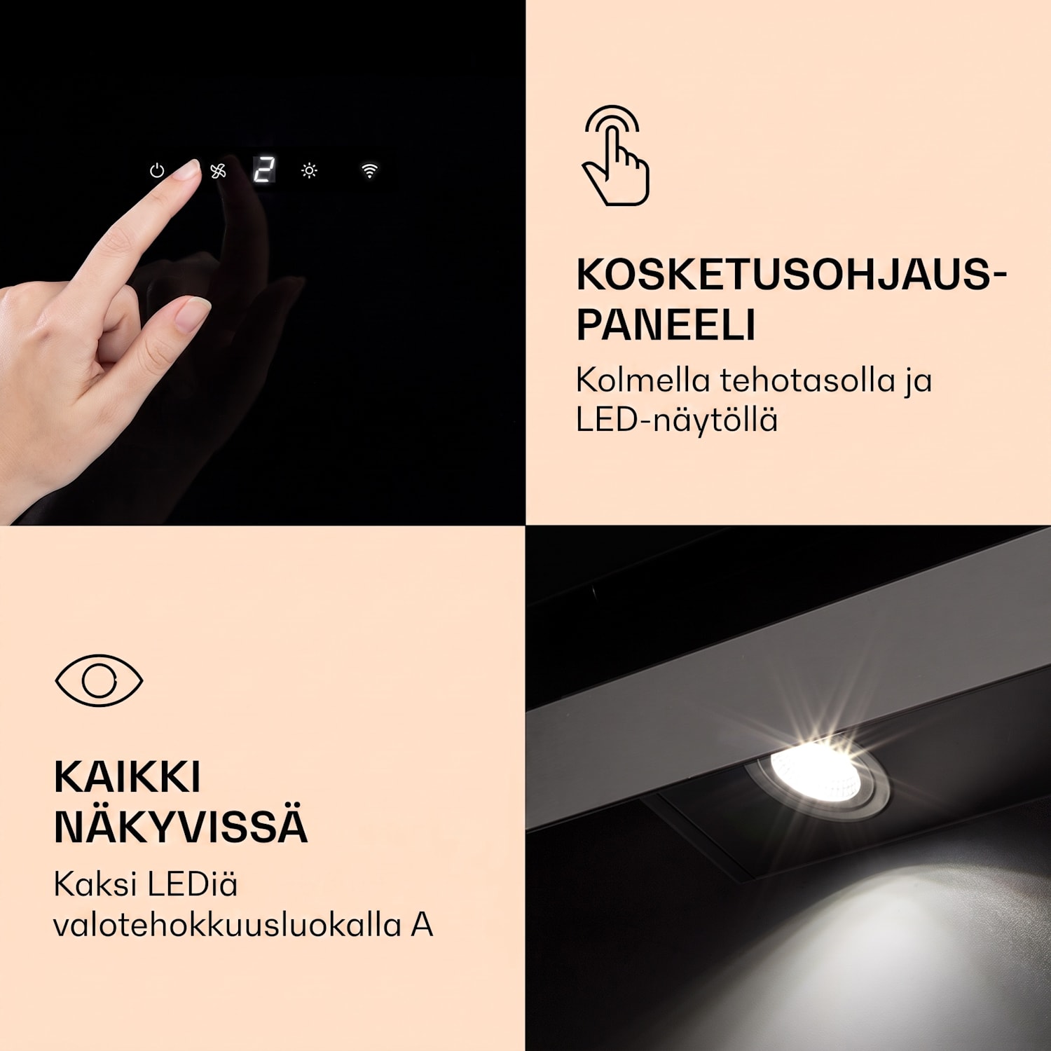 Aurora 90 Smart -liesituuletin 585 m³/h 90 cm kuvuton tunnelmavalaistus energiatehokkuusluokka A++ 90 cm | Kyllä | Musta