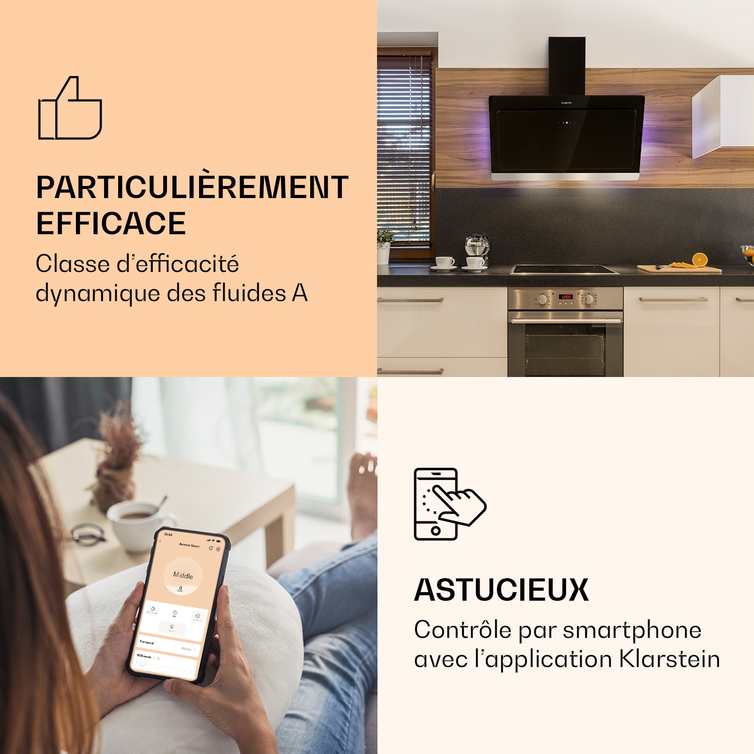 Aurora 90 Smart Hotte aspirante 550 m³/h 90cm sans tête Lumière d'ambiance EEC A++ 90 cm | Noir