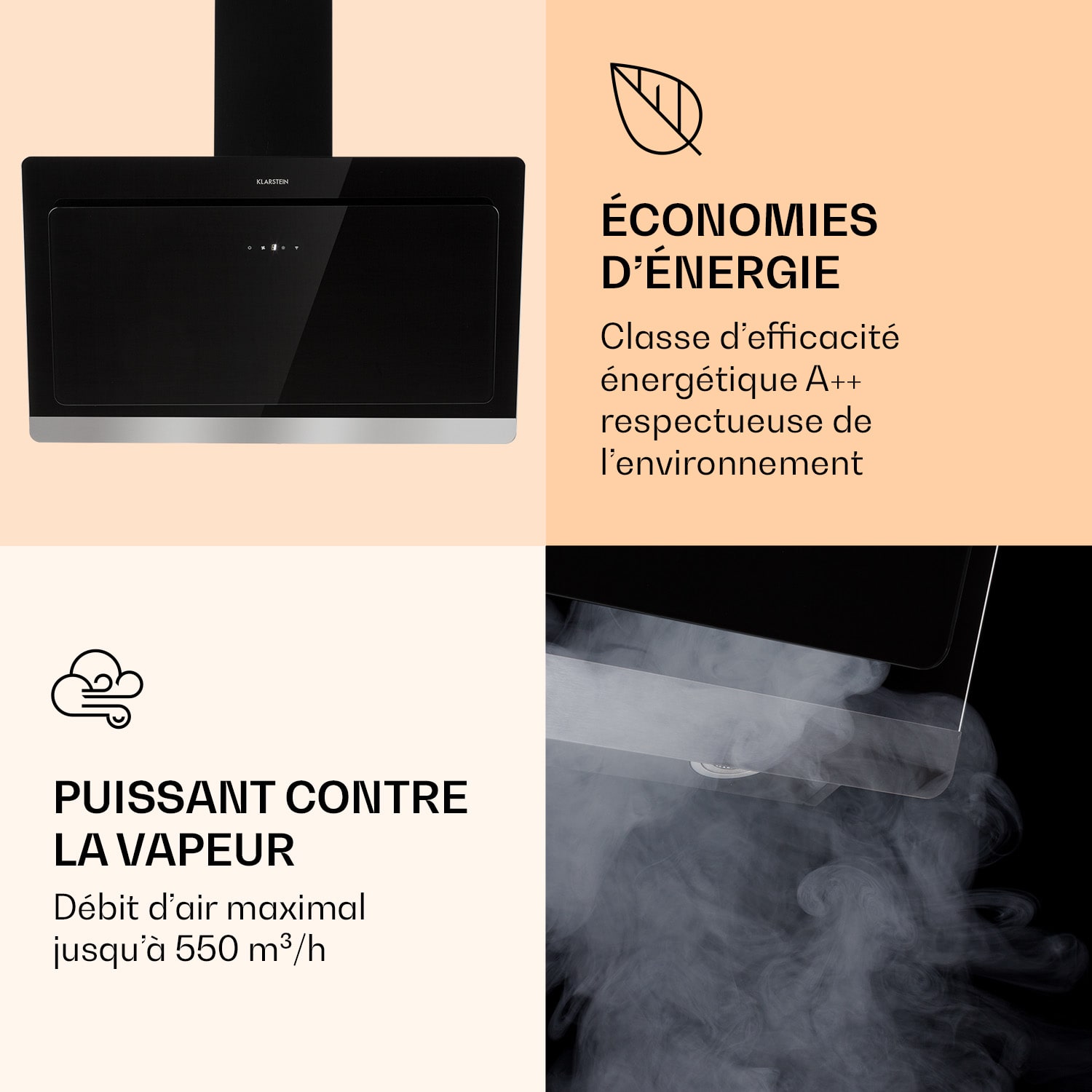 Aurora 90 Smart Hotte aspirante 550 m³/h 90cm sans tête Lumière d'ambiance EEC A++ 90 cm | Oui | Noir