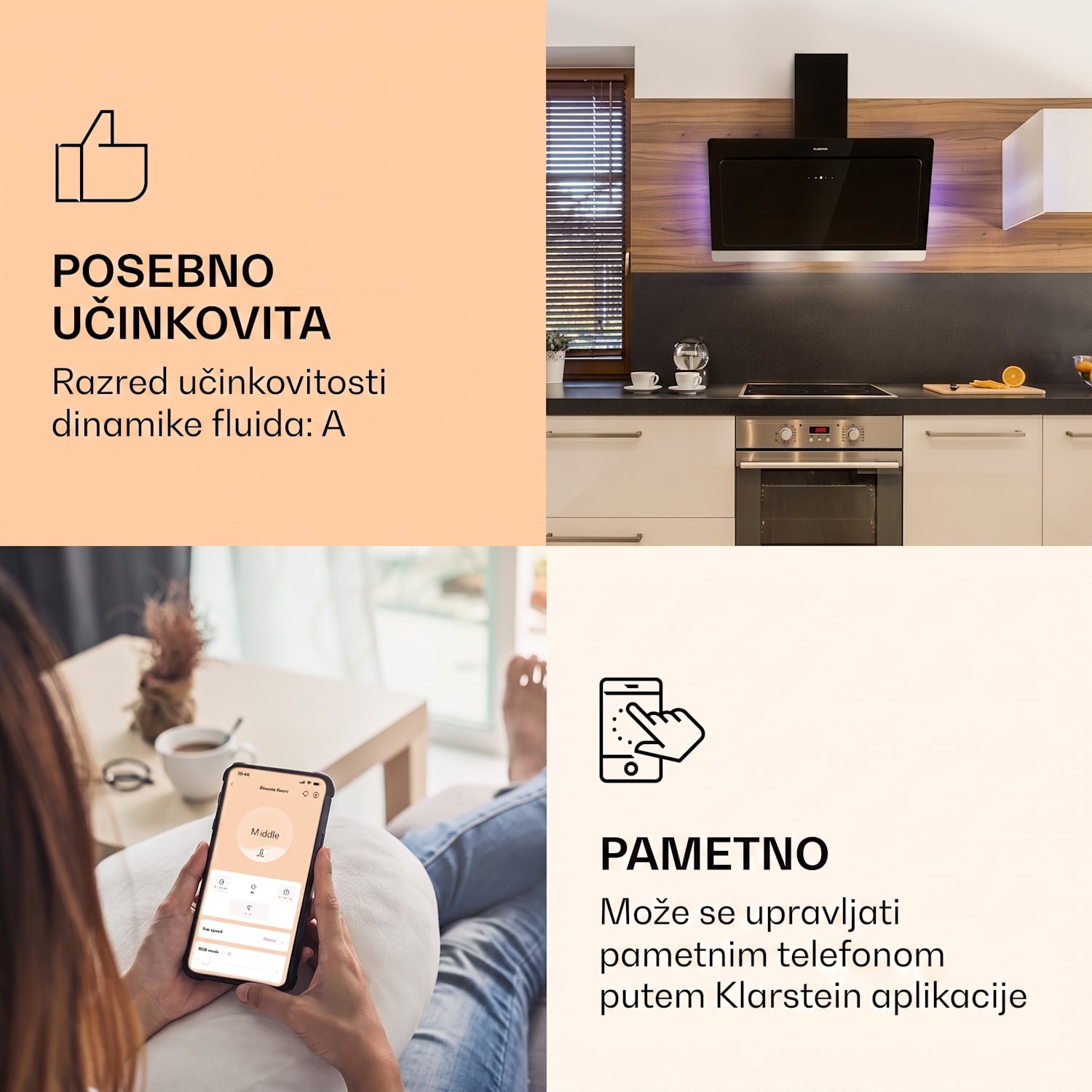 Aurora 90 Smart, napa, 585 m³ / h, 90 cm, napa za dimnjak, pozadinsko osvjetljenje, klasa energetske učinkovitosti A ++ 90 cm | Da | Crna