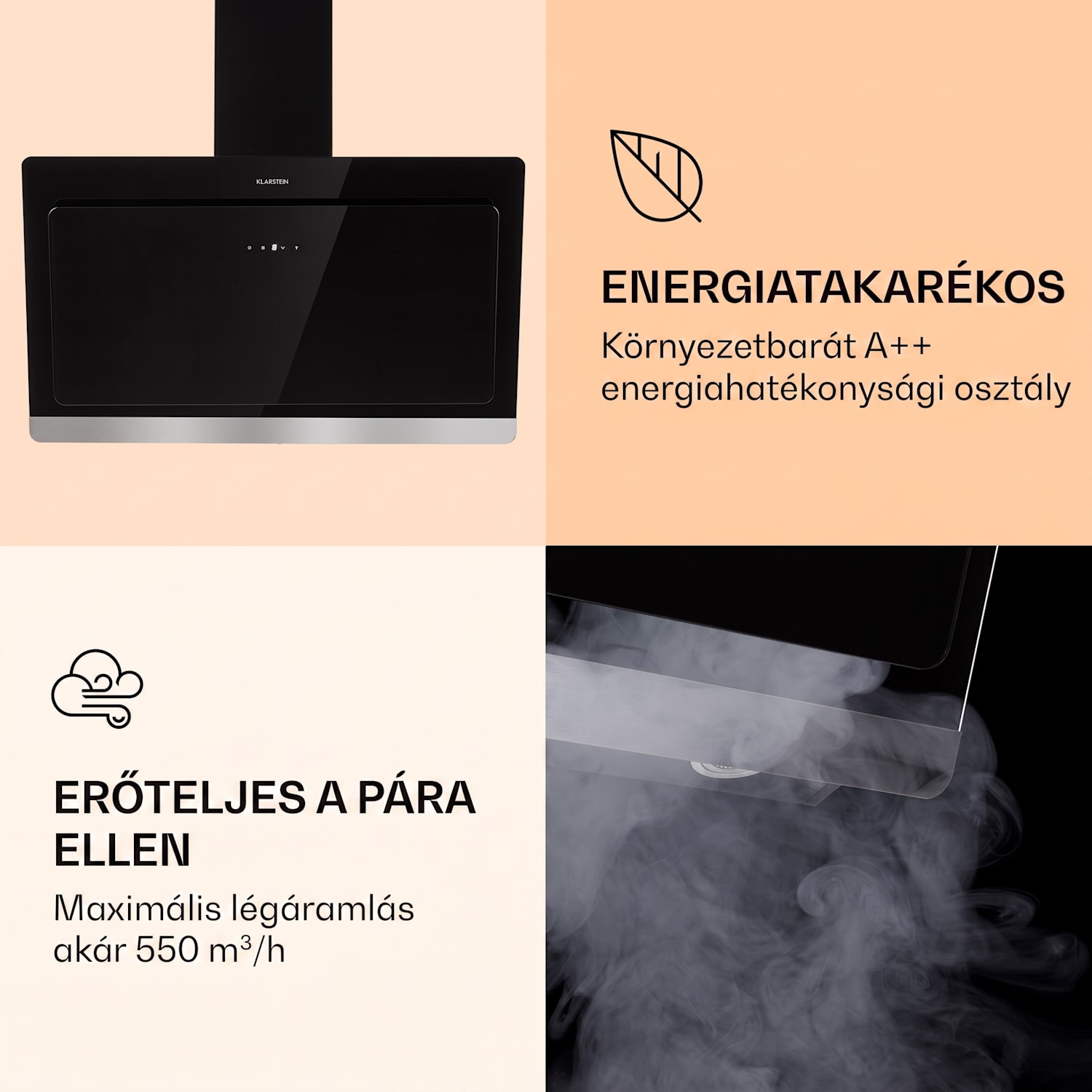 Aurora 90 Smart, páraelszívó, 90 cm, 550 m³/ó, kéményes páraelszívó, háttérvilágítás, A++ 90 cm | Igen | Fekete