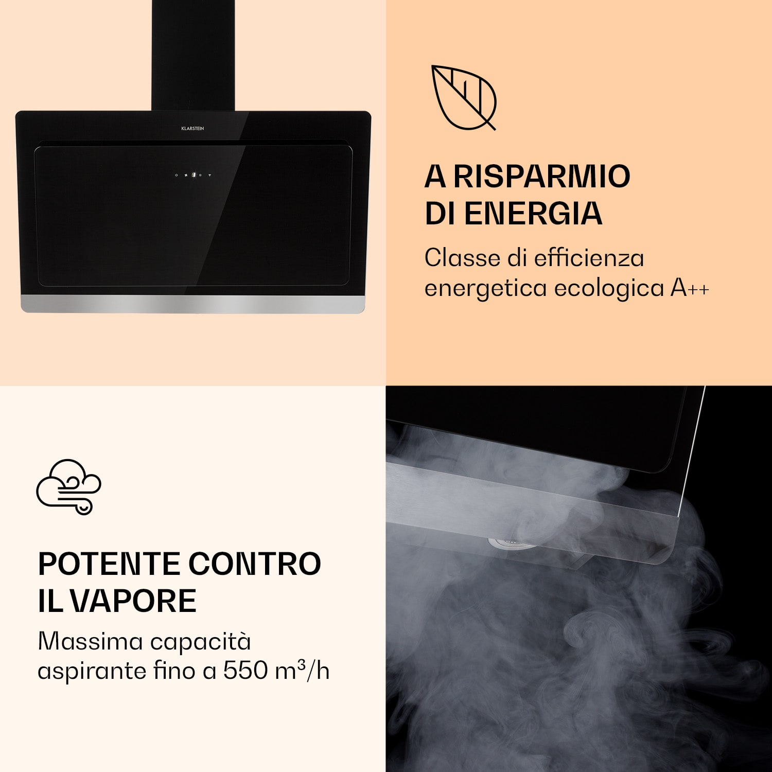 Aurora 90 Smart cappa aspirante, 550 m³/h, 90cm, senza testa, luce ambiente, CEE A++ 90 cm | Sì | Nero