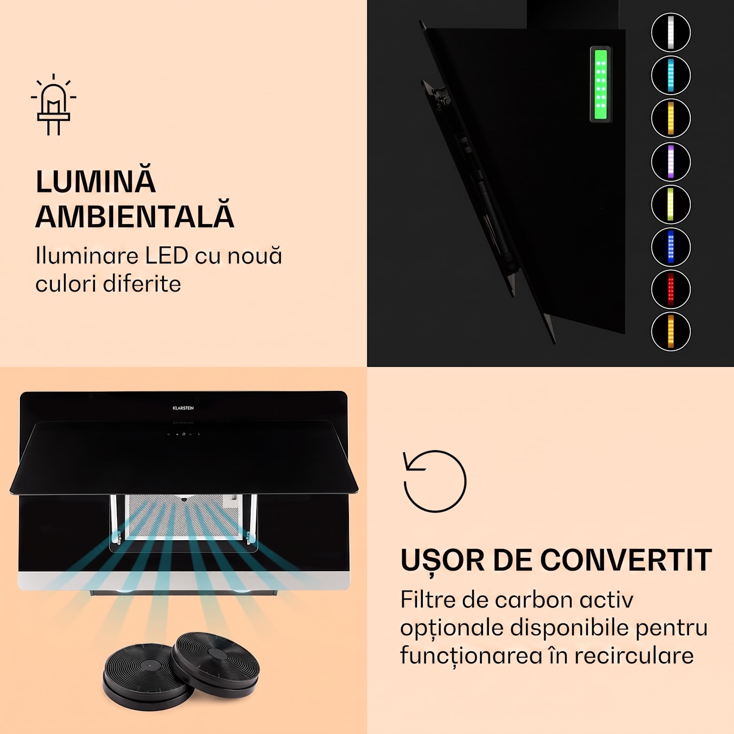 Aurora 90, Hotă, 585 m³/h, 90 cm, hotă de coș de fum, lumină de fundal, clasa de eficiență energetică A++ 90 cm | Da | Negru