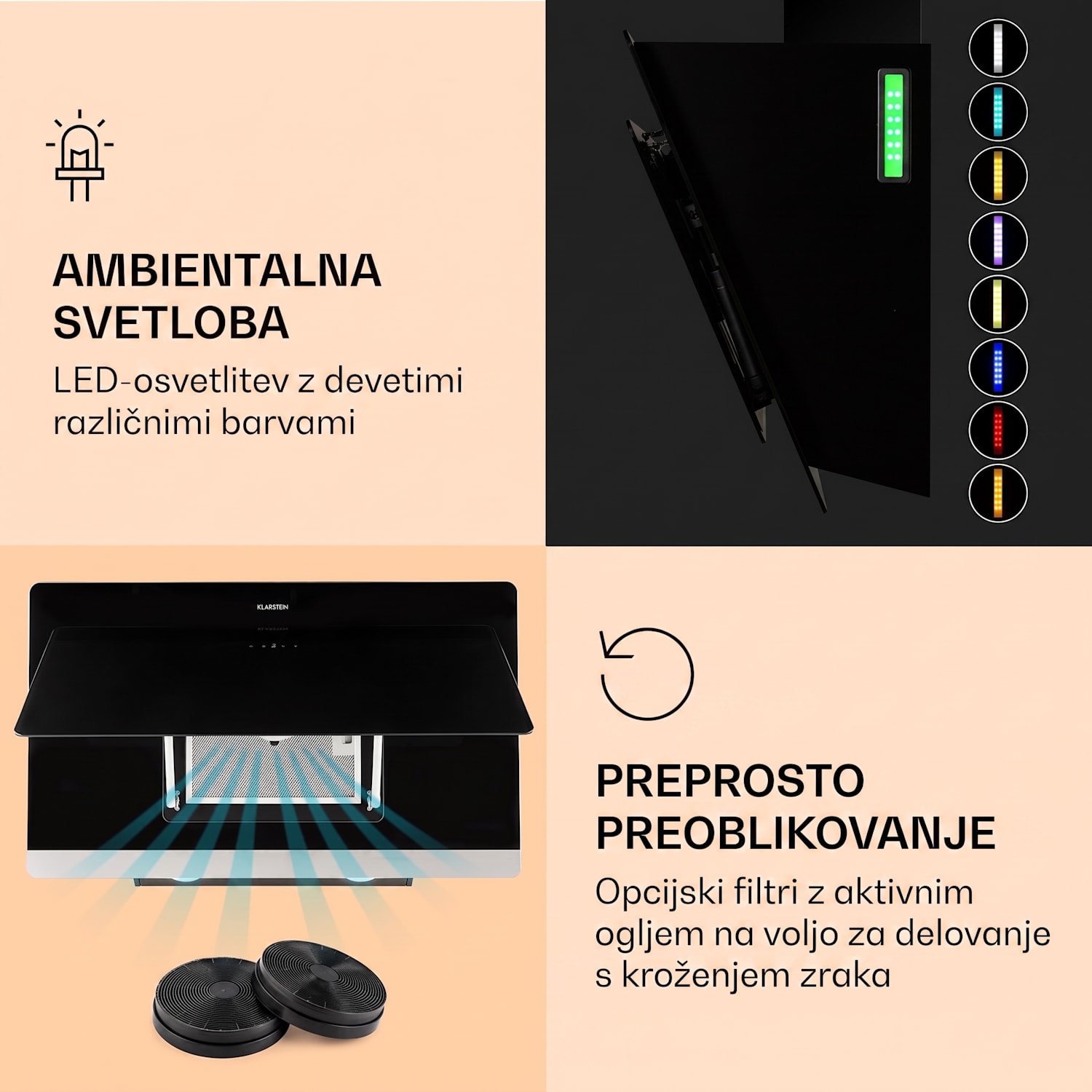 Aurora 90 Smart, kuhinjska napa, 585 m³/h, 90 cm, dimniška napa, osvetlitev, razred energijske učinkovitosti A++ 90 cm | Da | Črna