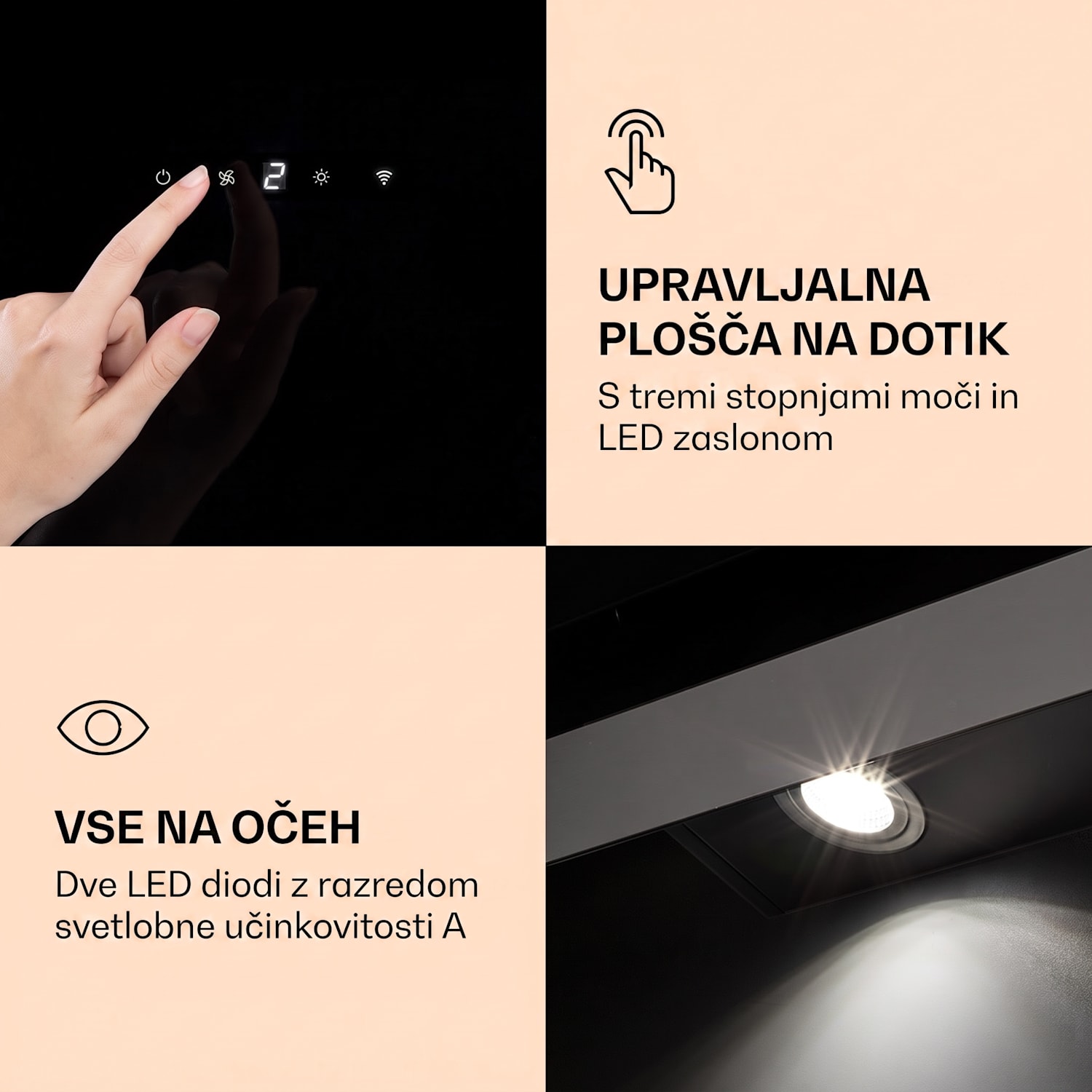 Aurora 90 Smart, kuhinjska napa, 585 m³/h, 90 cm, dimniška napa, osvetlitev, razred energijske učinkovitosti A++ 90 cm | Da | Črna