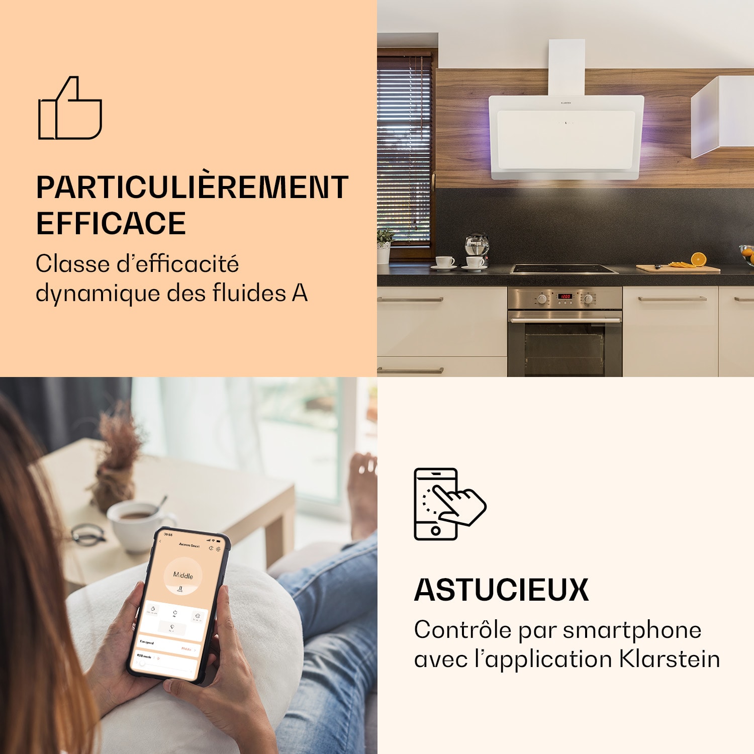 Aurora 90 Smart Hotte aspirante 550 m³/h 90cm sans tête Lumière d'ambiance EEC A++ 