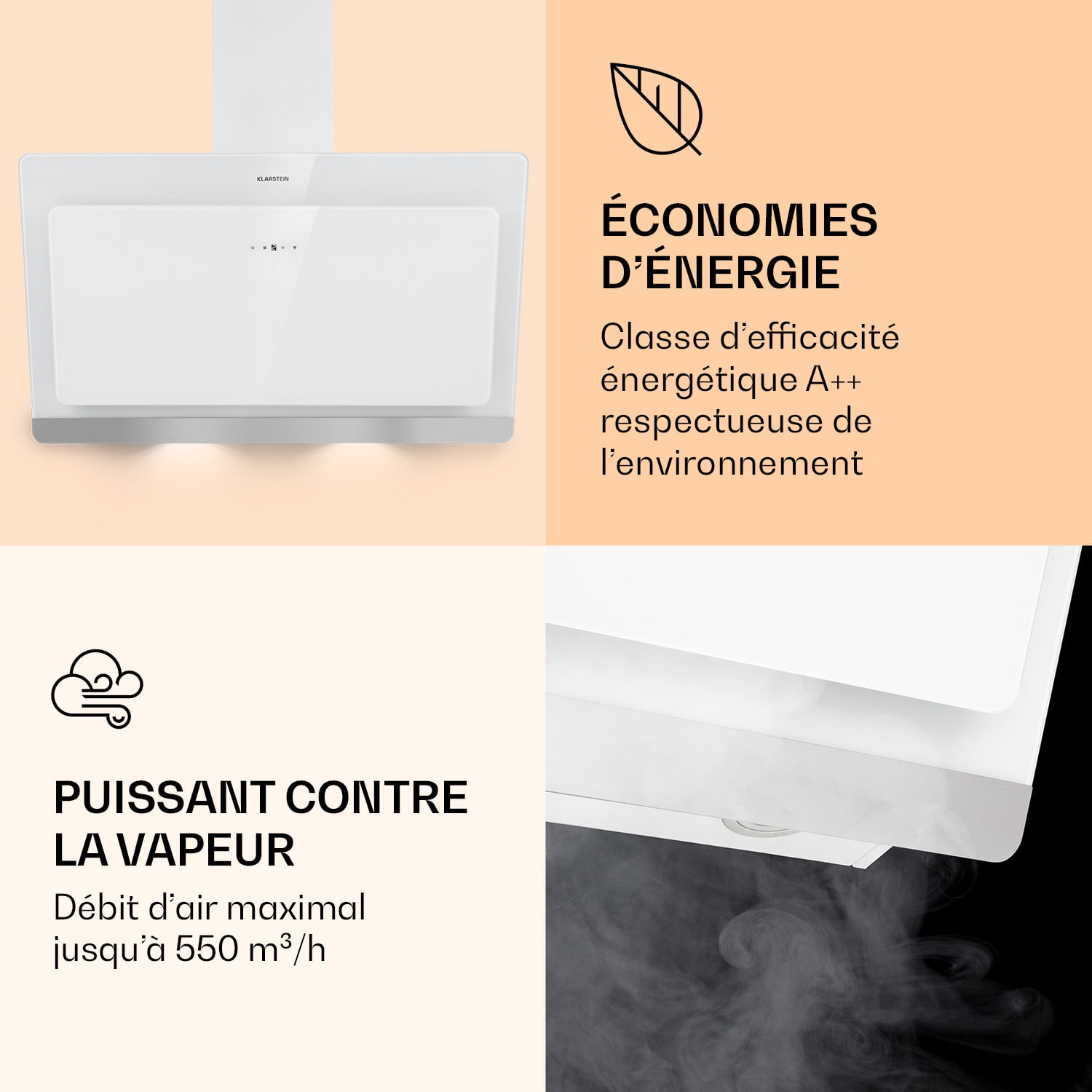 Aurora 90 Smart Hotte aspirante 550 m³/h 90cm sans tête Lumière d'ambiance EEC A++ 