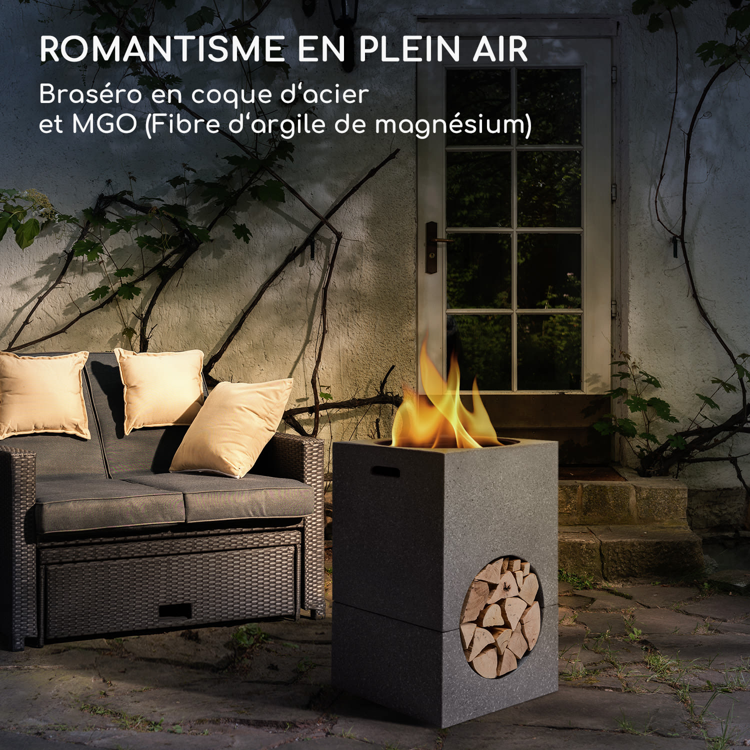 Braséro blumfeldt Monolith avec grill MGO & bac en acier et pare-étincelles Gris