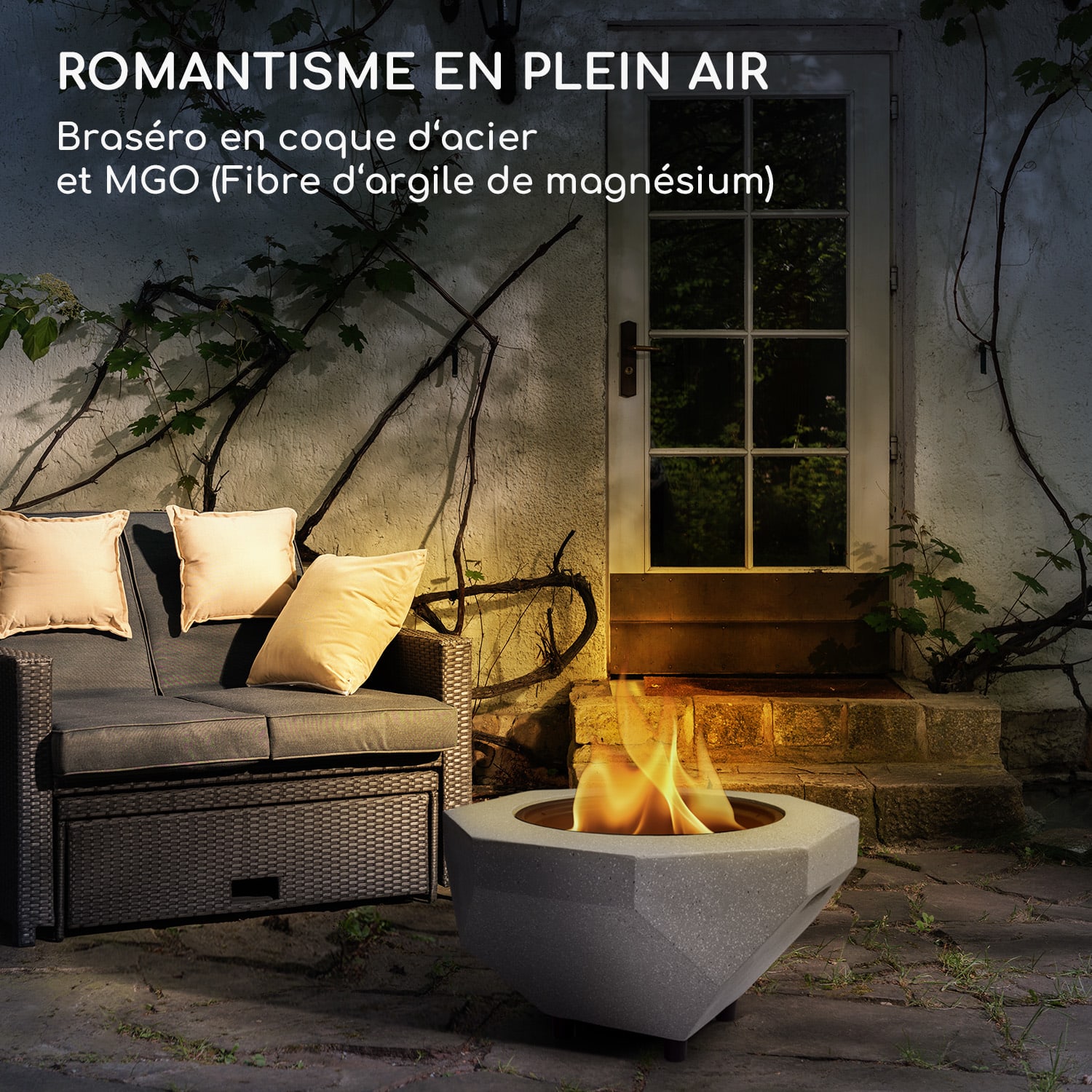 Braséro blumfeldt Diamond avec grill MGO & bac en acier et pare-étincelles Granit Gris Clair