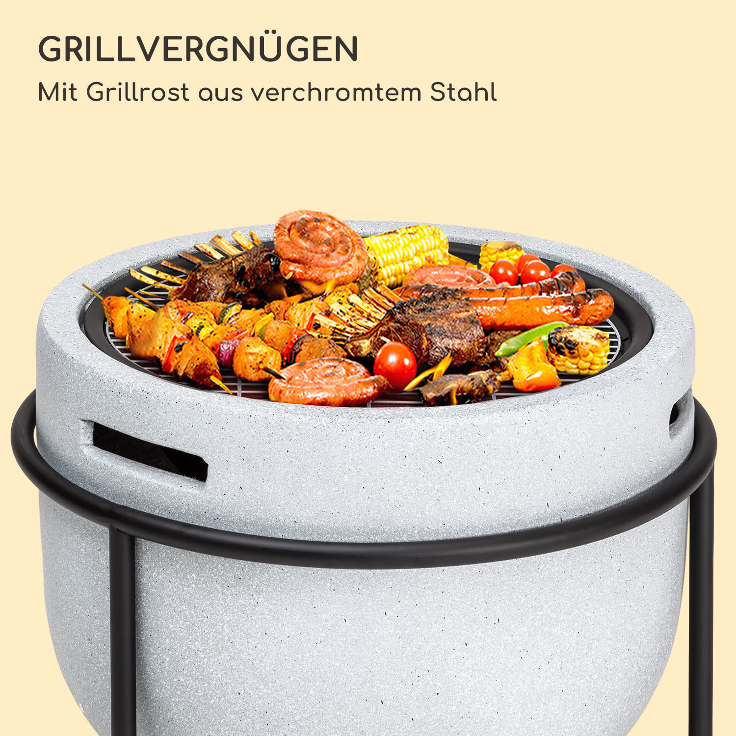 blumfeldt Grail Feuerschale mit Grill MGO & Stahlschale inkl. Funkenschutz Hellgrauer Granit