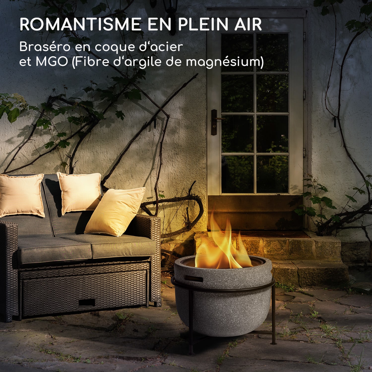 blumfeldt Grail vuurschaal met grill MGO & stalen schaal incl. vonkenscherm Grijs