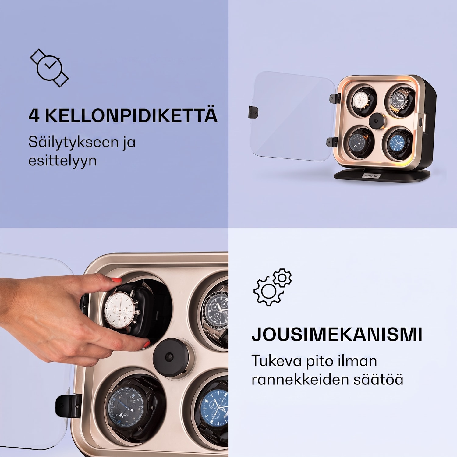 Clover kellonllikuttaja 4 kellolle 3 pyörimistilaa 4 nopeutta LED Nikkeli Metallinen