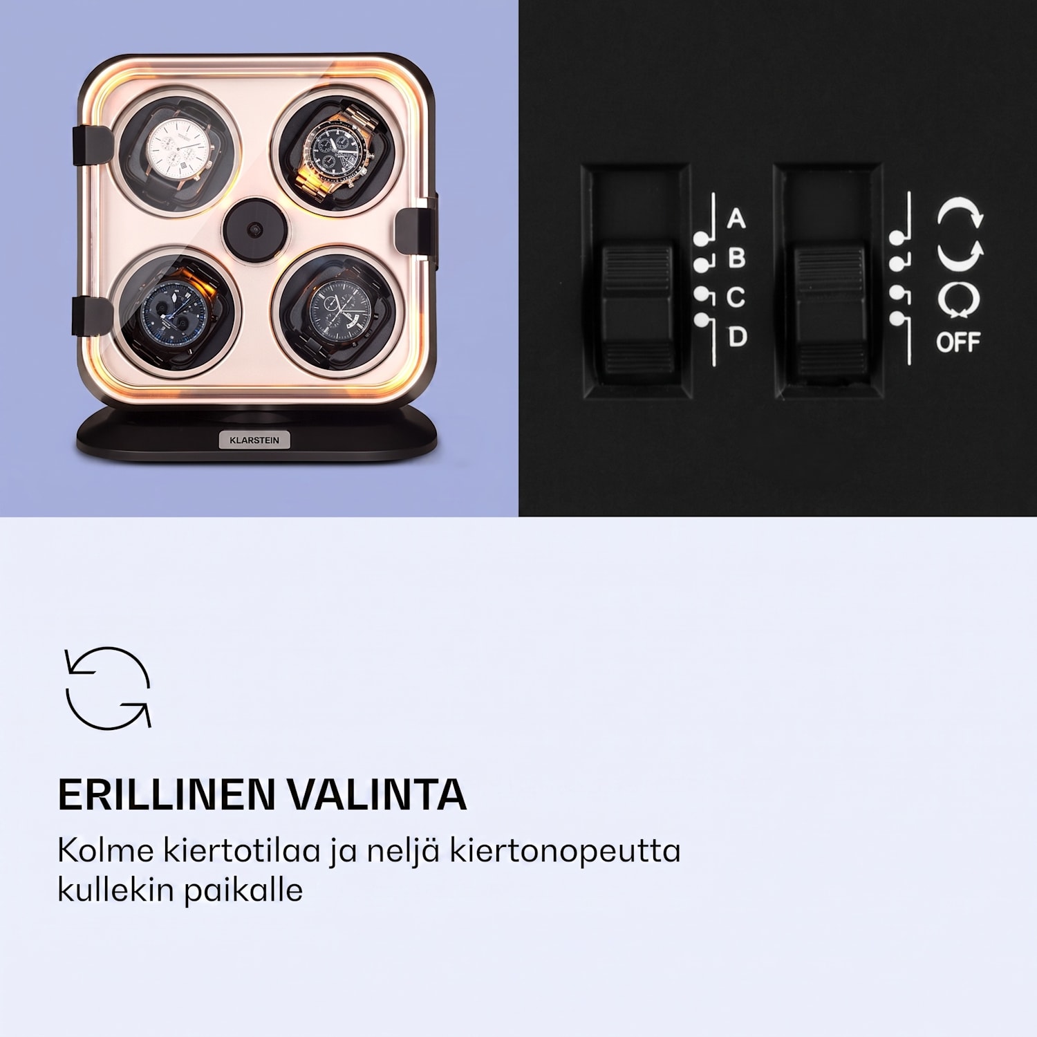 Clover kellonllikuttaja 4 kellolle 3 pyörimistilaa 4 nopeutta LED Nikkeli Metallinen