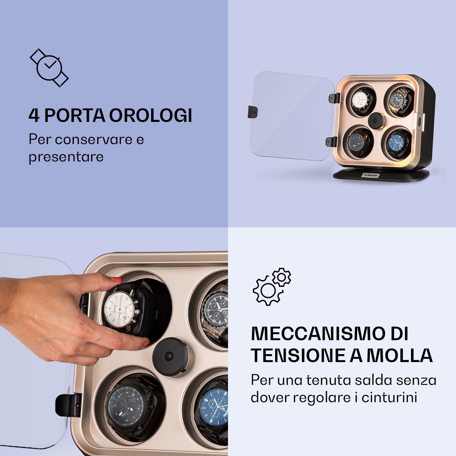 Clover - Caricatore per 4 orologi, 3 rotazioni, 4 velocità, LED Nickle metallizzato