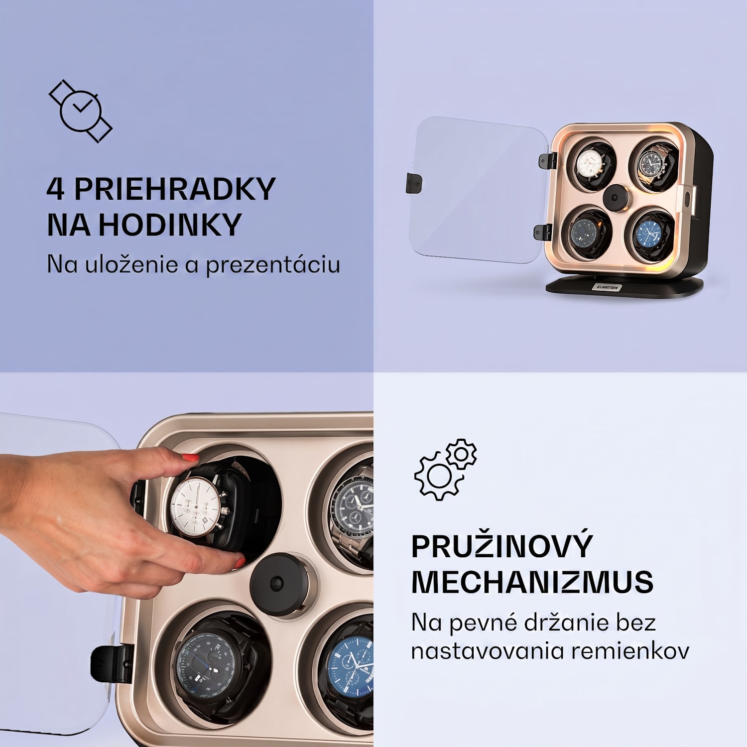 Clover, naťahovač na hodinky, 4 hodiniek, 3 otáčania, 4 rýchlosti, modré LED osvetlenie, plastový kryt Niklová metalíza