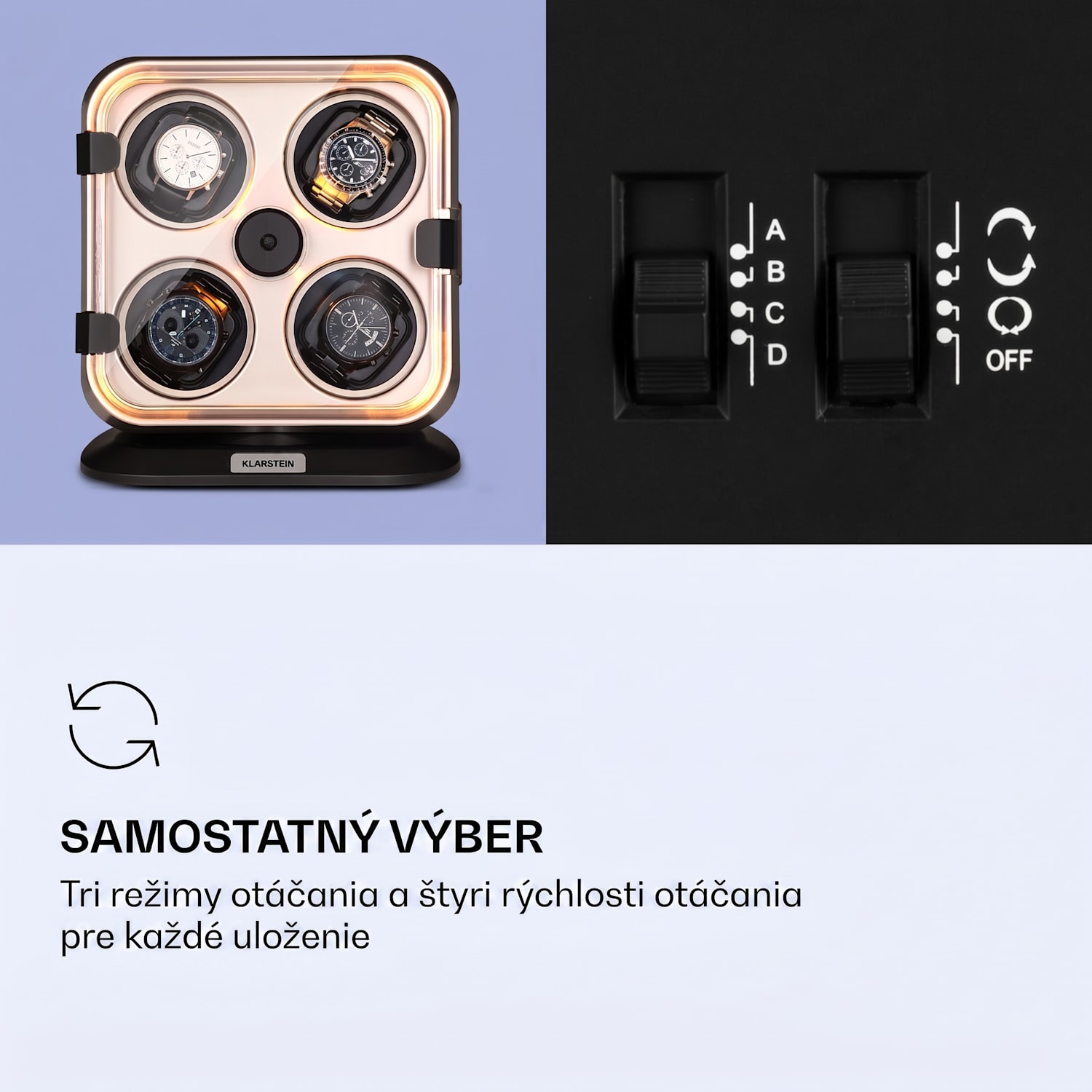 Clover, naťahovač na hodinky, 4 hodiniek, 3 otáčania, 4 rýchlosti, modré LED osvetlenie, plastový kryt Niklová metalíza