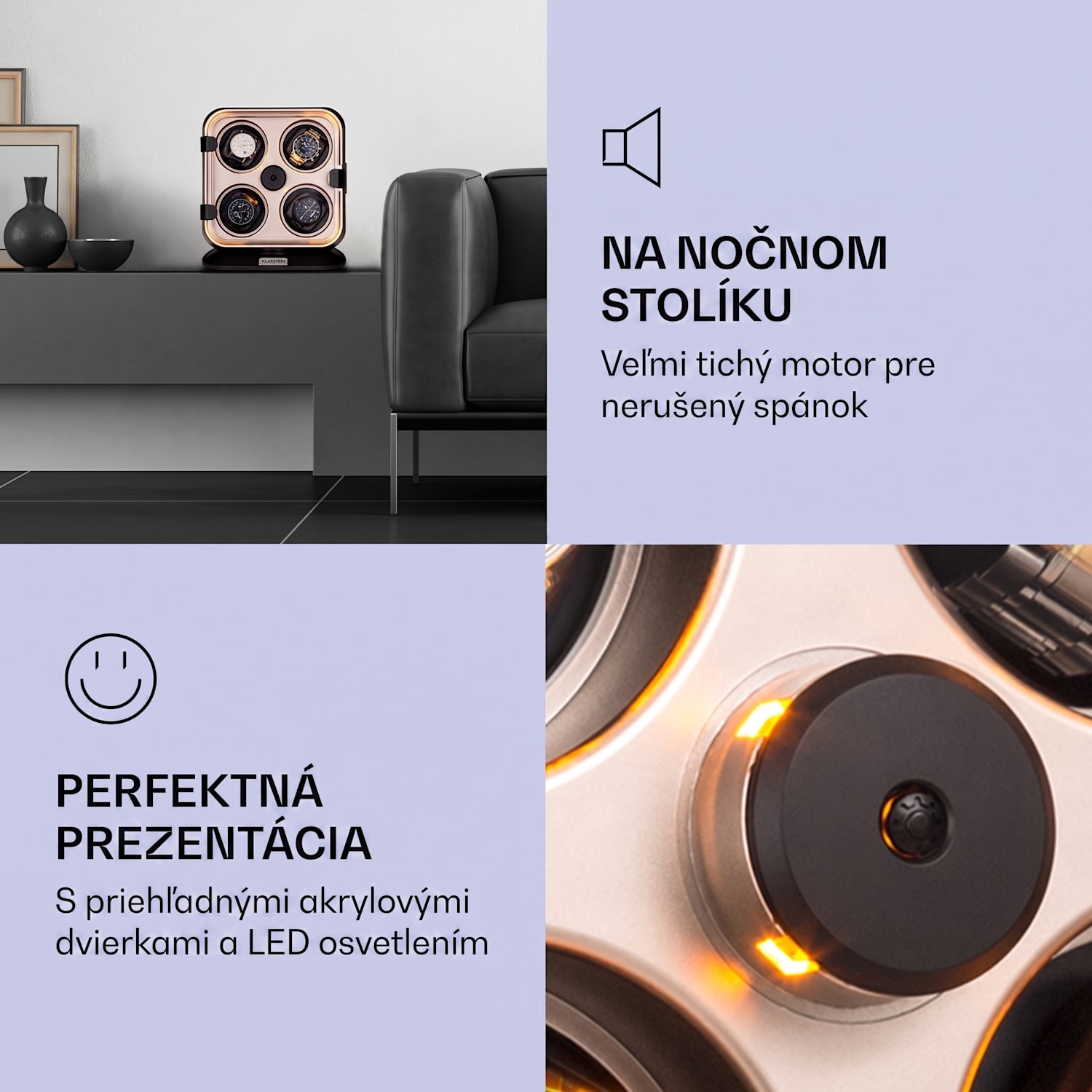 Clover, naťahovač na hodinky, 4 hodiniek, 3 otáčania, 4 rýchlosti, modré LED osvetlenie, plastový kryt Niklová metalíza