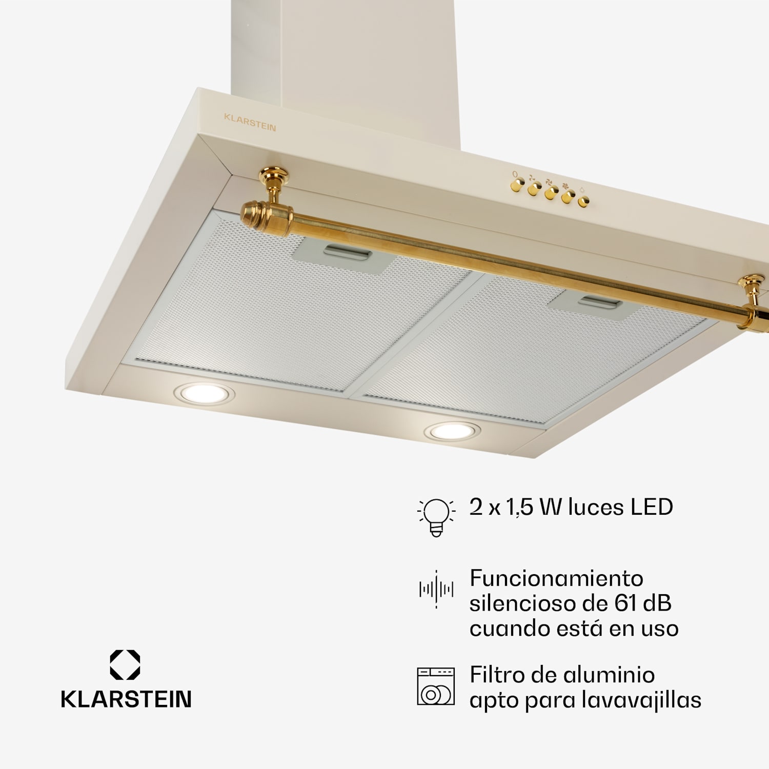 Montblanc 60 Campana extractora 610 m³/h 165W 2x1,5W LED Barra  Crema Vintage