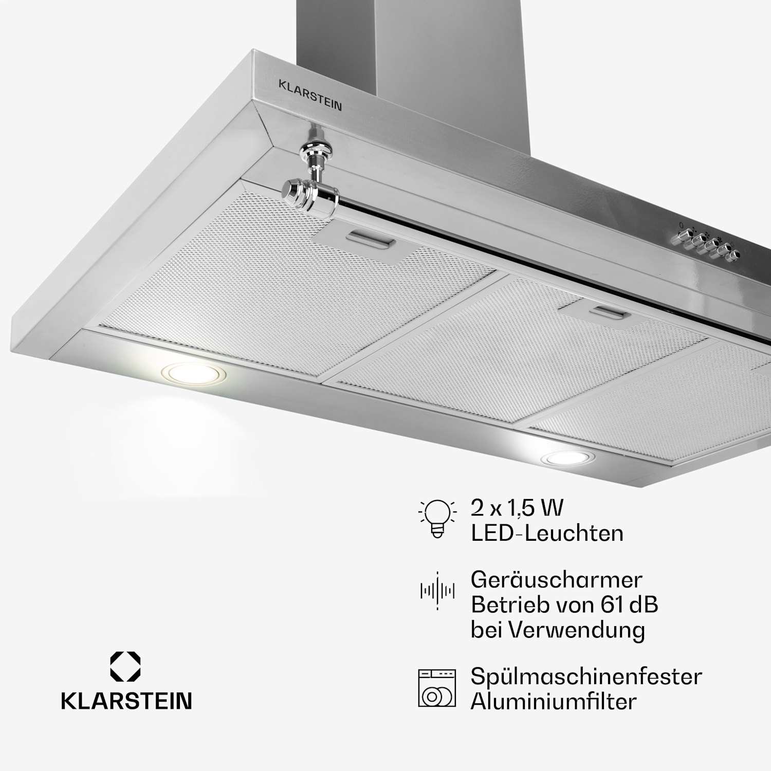 Montblanc 90 Dunstabzugshaube 610m³/h 165W 2x1,5W LED Reling  Silber-Metallic