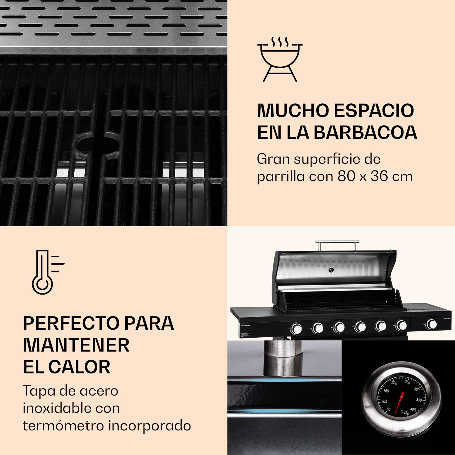 Valdosta 6.1 Parrilla de gas 6+1 quemadores 19,3 kW potencia total 6 quemadores principales + 1 quemador lateral