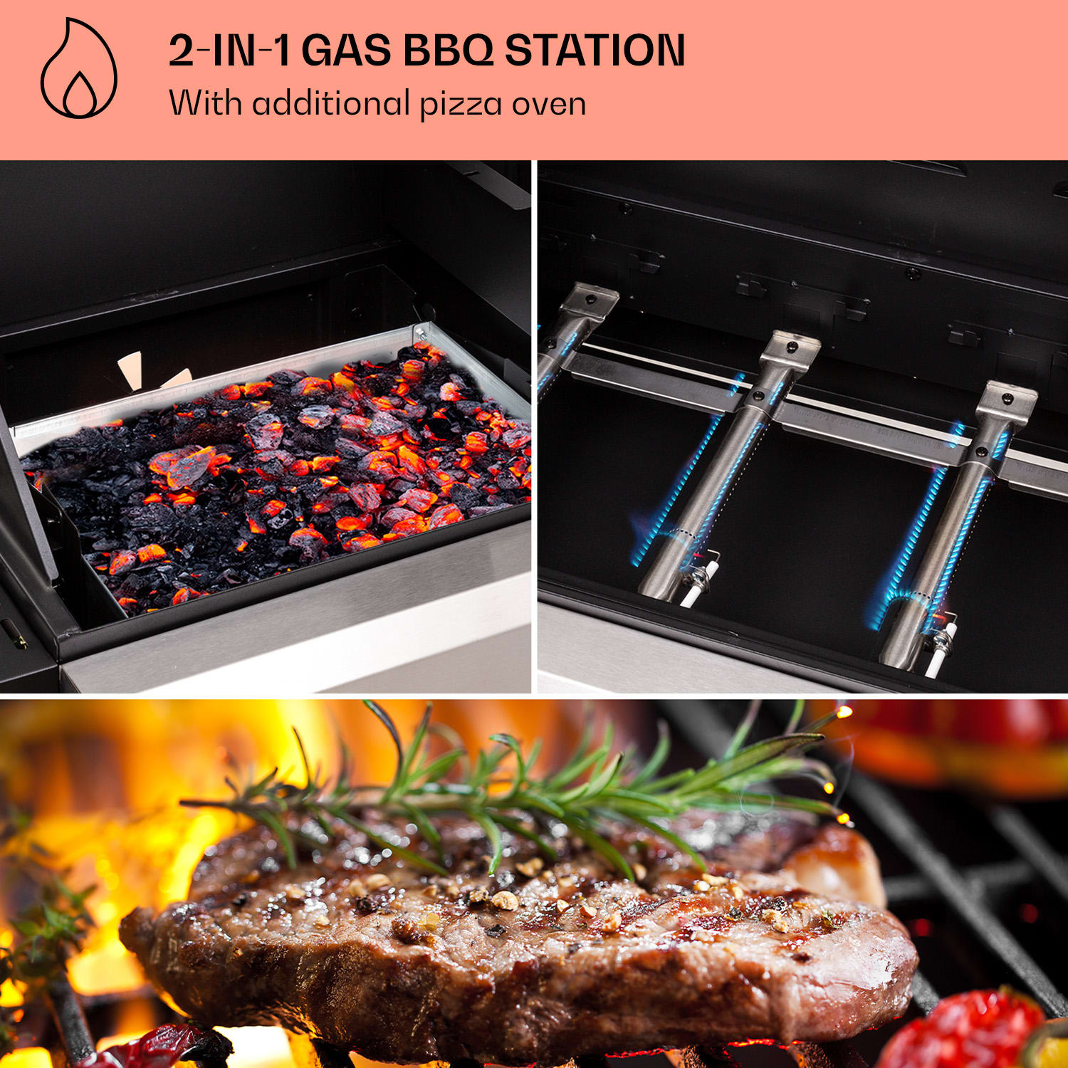 Kingsville 4.1 combigrill gas + houtskool 13,7 kW 4+1 branders In hoogte verstelbaar 4 hoofdbrander + 1 zijbrander