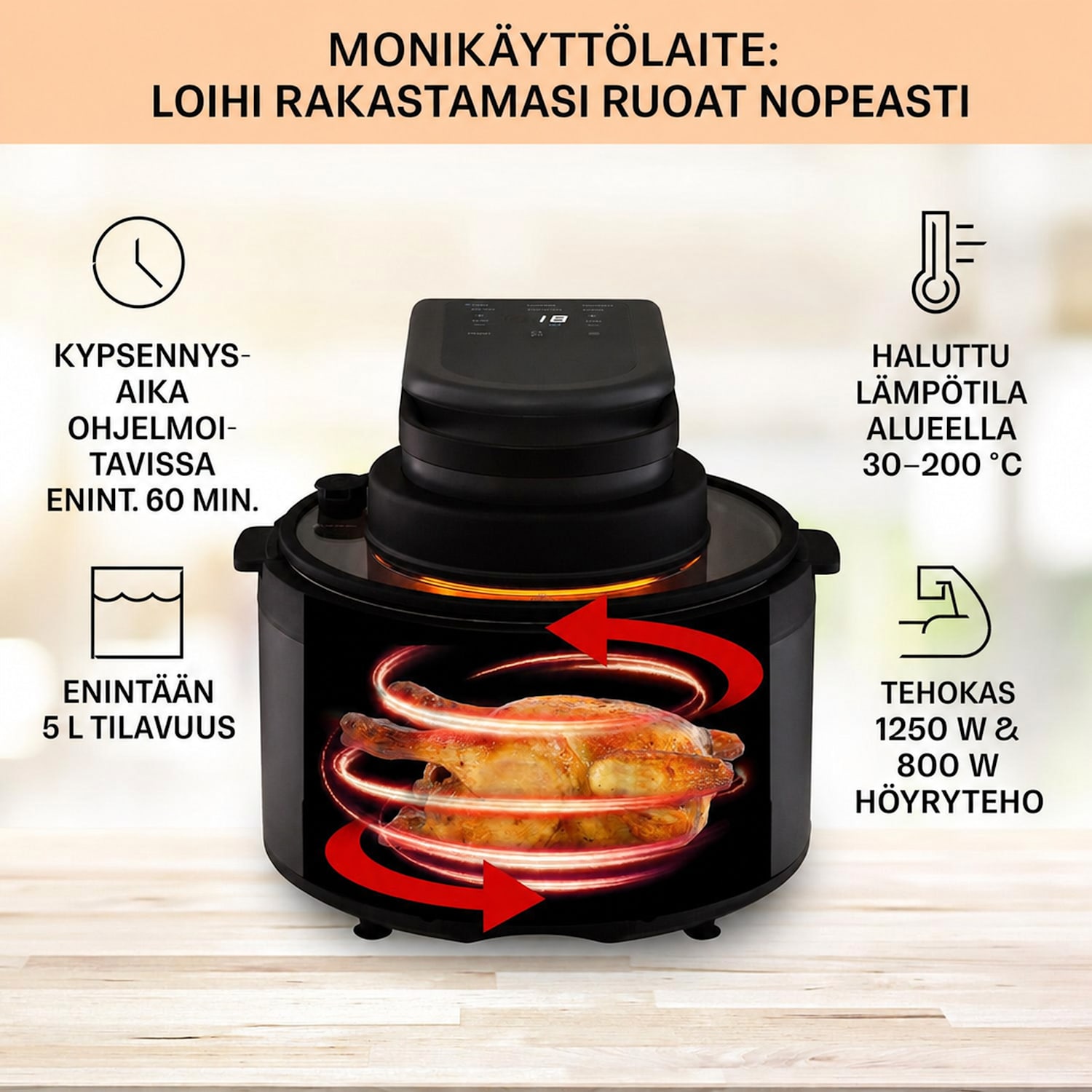 Vendure kuumailmakeitin höyrytoiminnolla 1250 W 5 litraa 6 ohjelmaa Musta