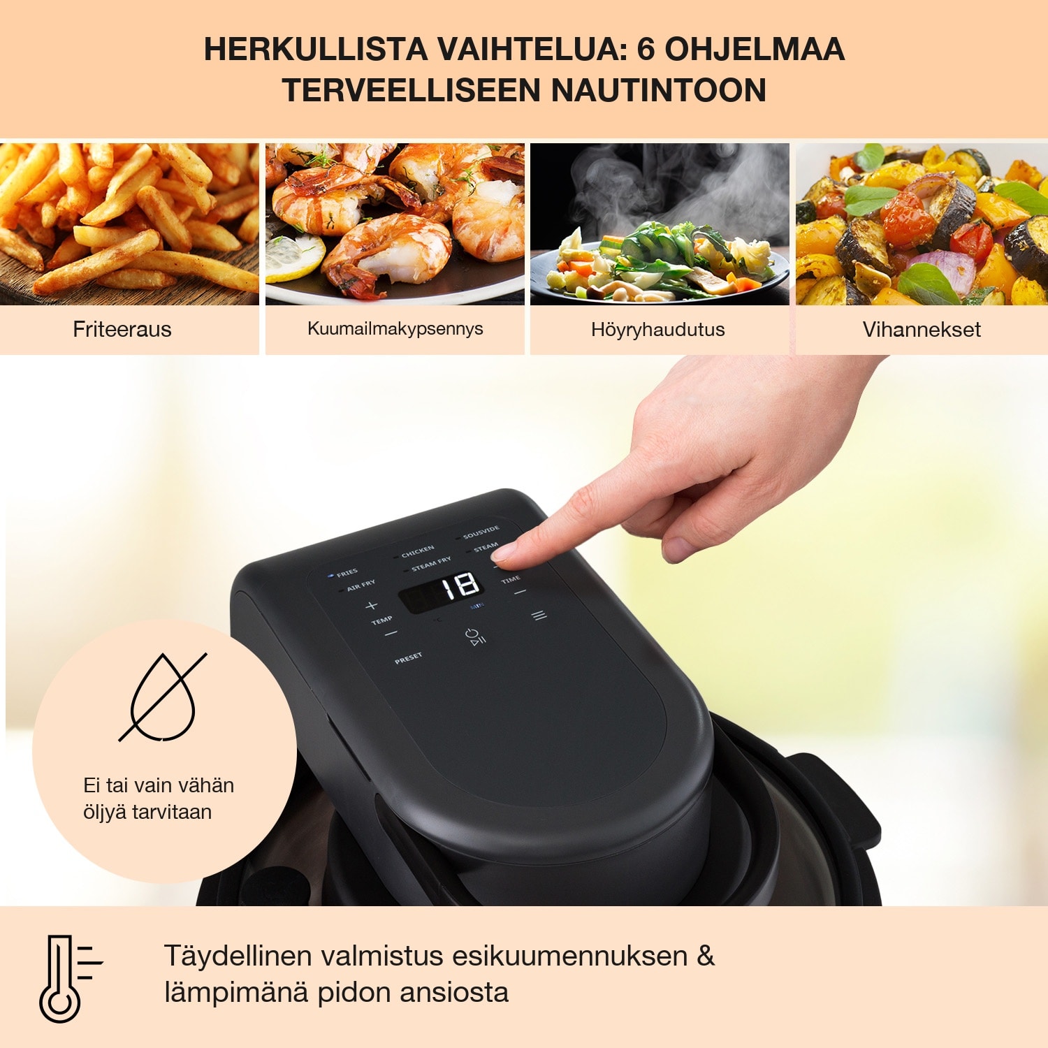 Vendure kuumailmakeitin höyrytoiminnolla 1250 W 5 litraa 6 ohjelmaa Musta