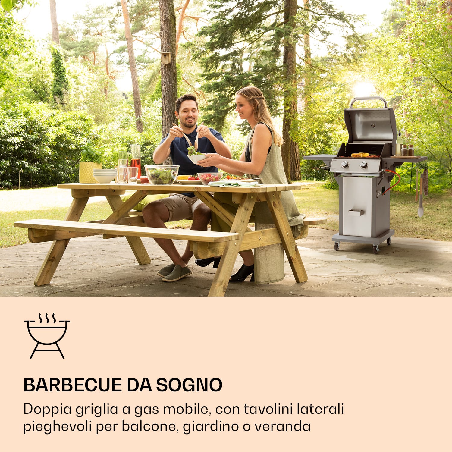 Lucifer 2 - Griglia a gas, 2 bruciatori da 3,6 kW, griglia da 45 x 45 cm, acciaio inox, mobile 2 bruciatori | Argento metallizzato